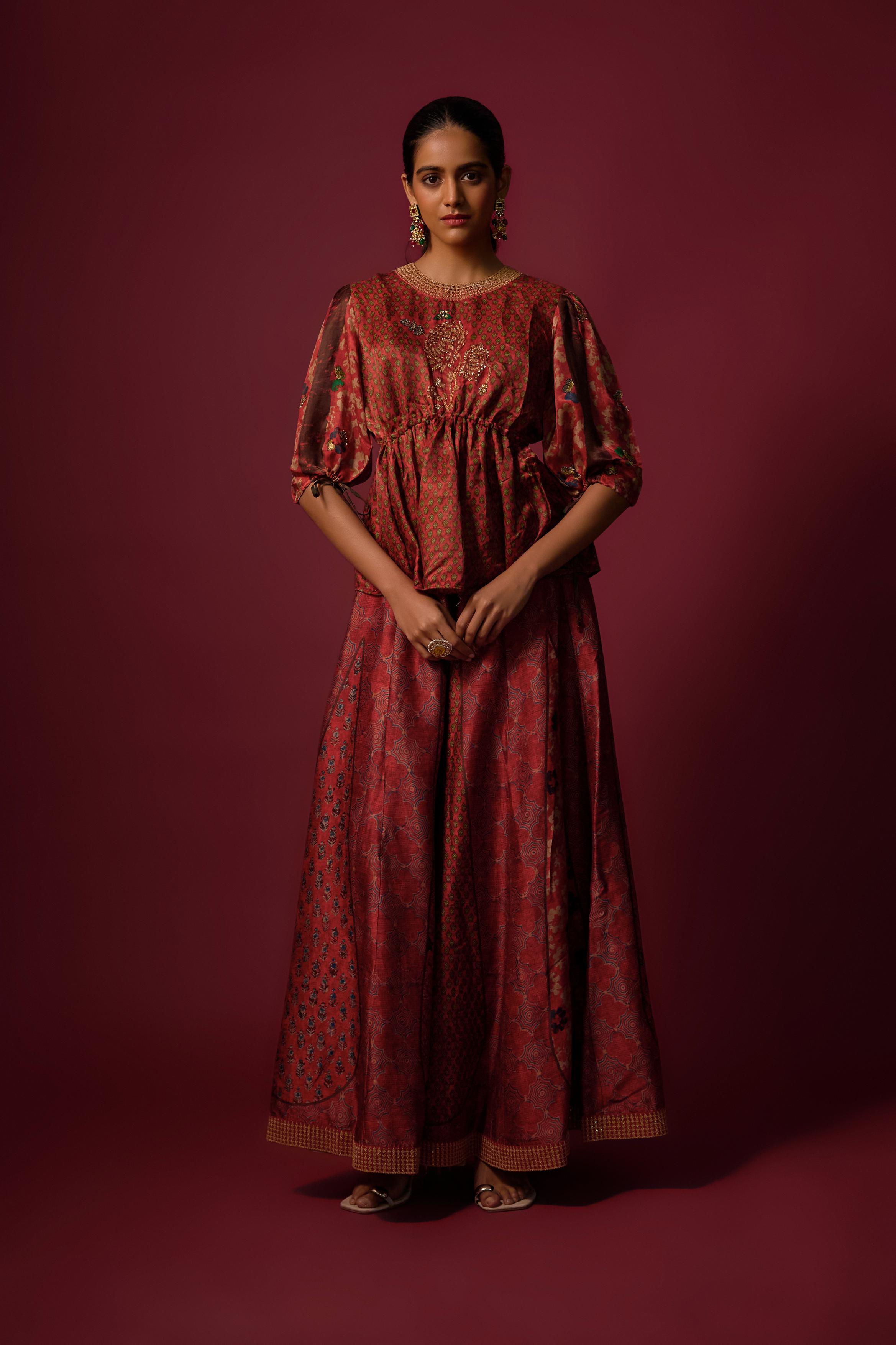 Red Printed Slub Cotton Silk Tunic Co-Ord Set