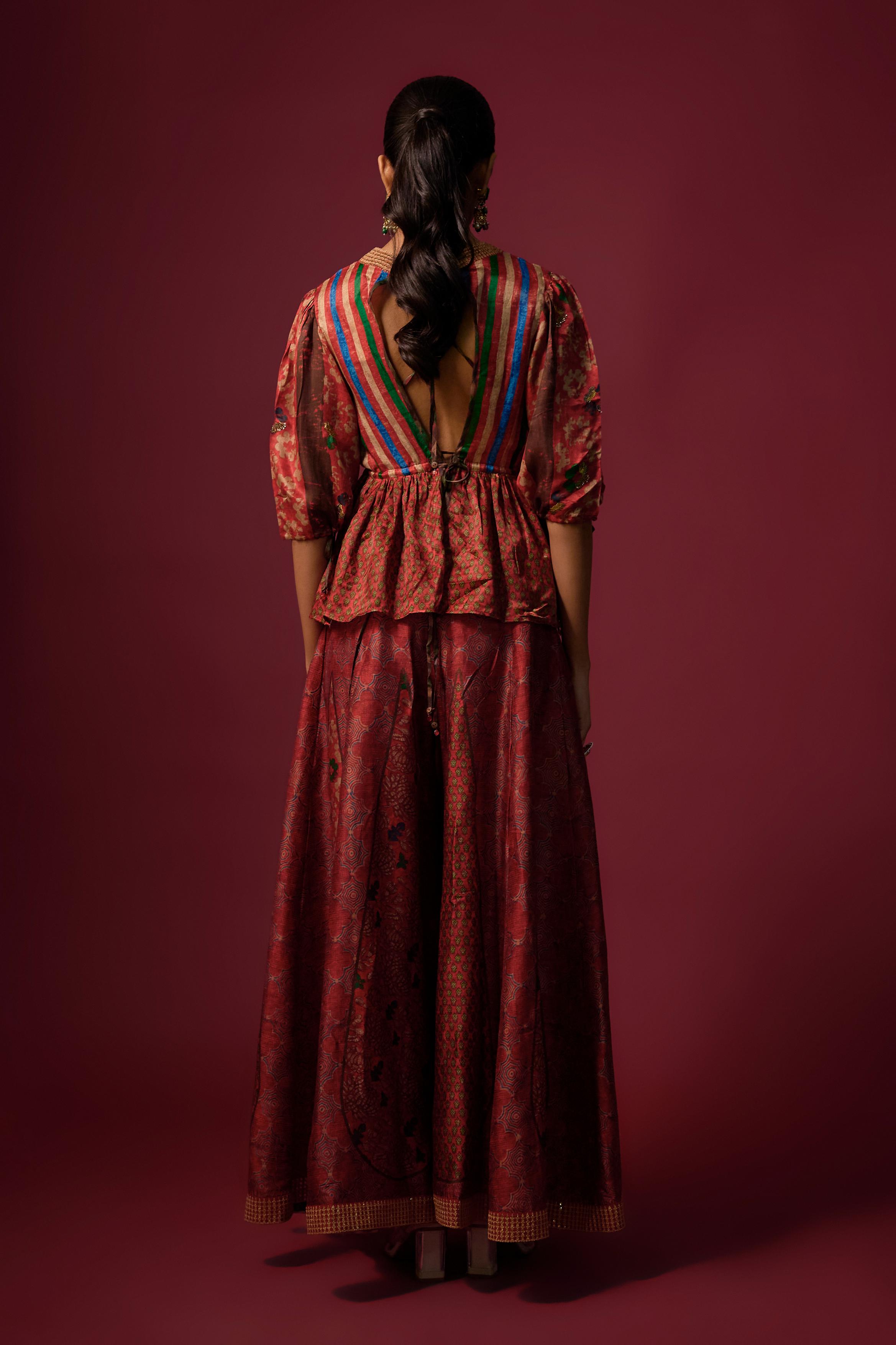 Red Printed Slub Cotton Silk Tunic Co-Ord Set
