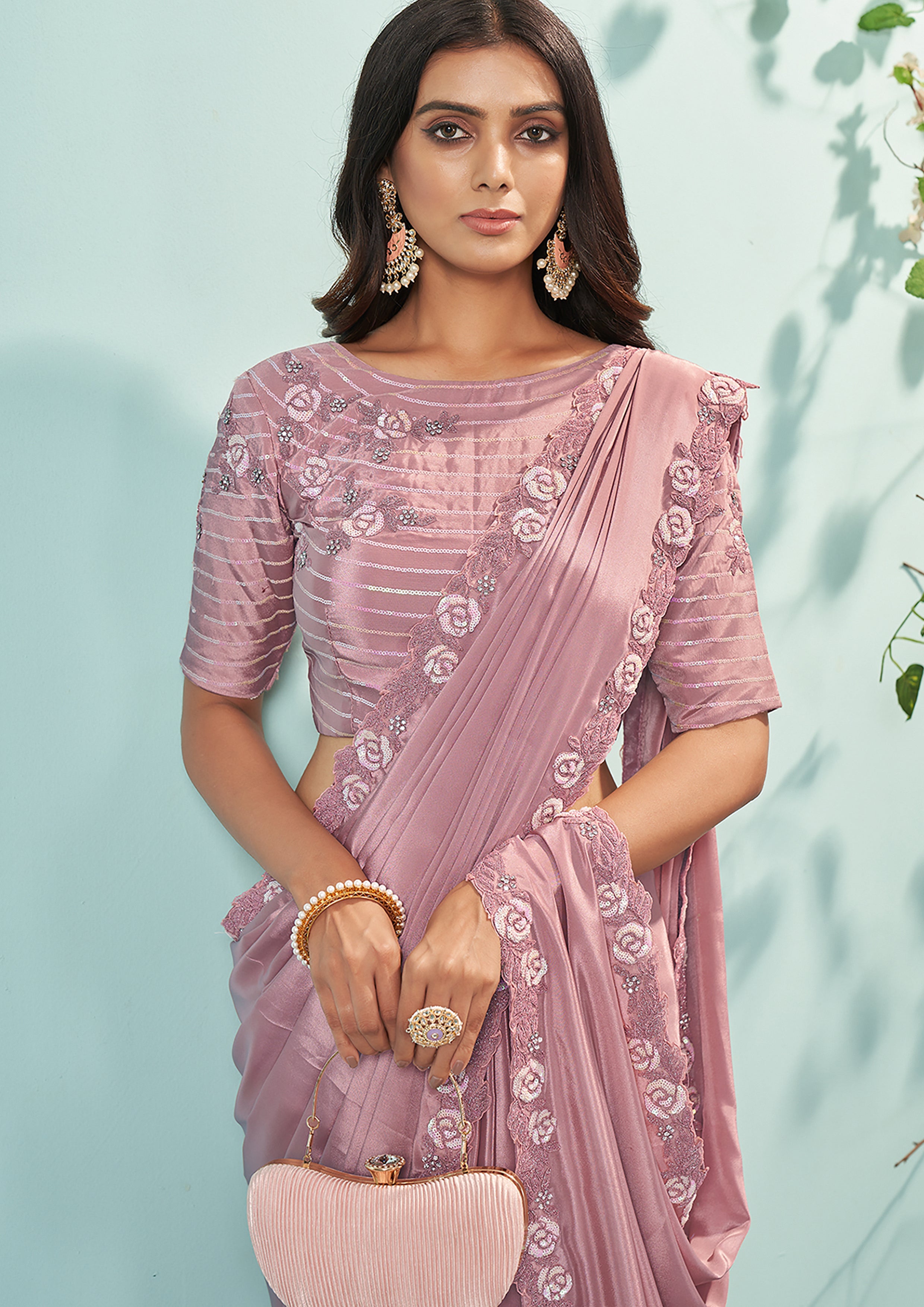 Lavender Rose Embellished Satin Silk Saree
