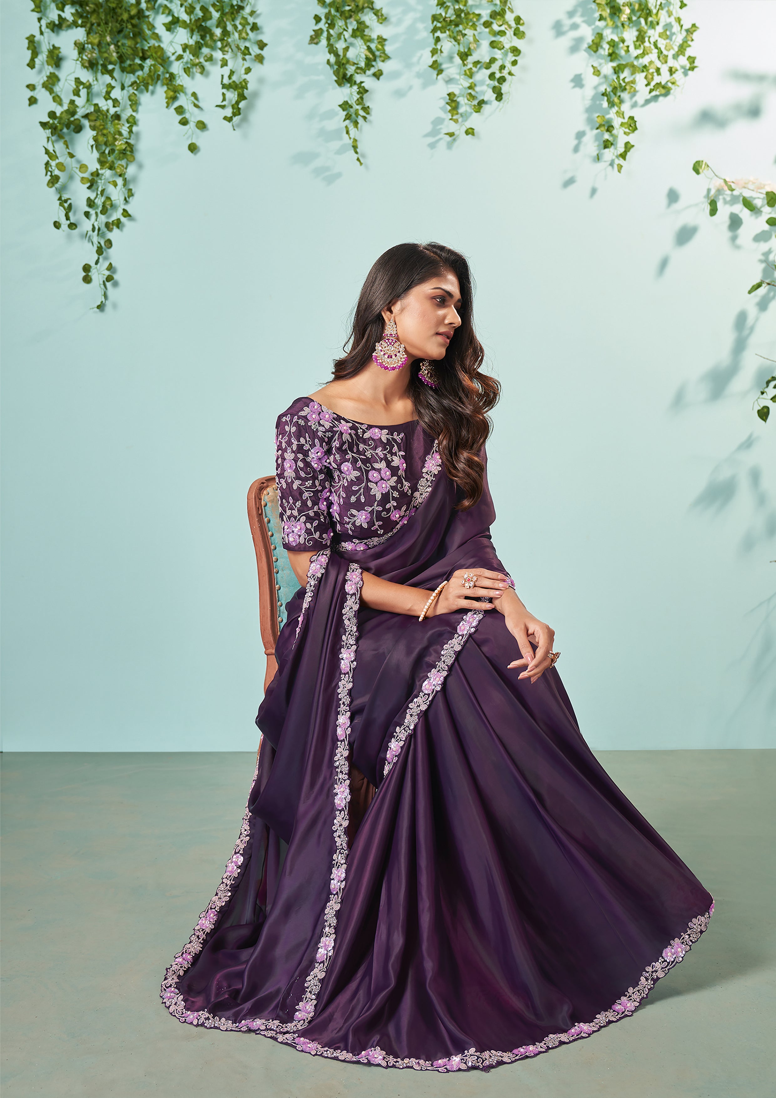 Deep Purple Embellished Satin Silk Saree