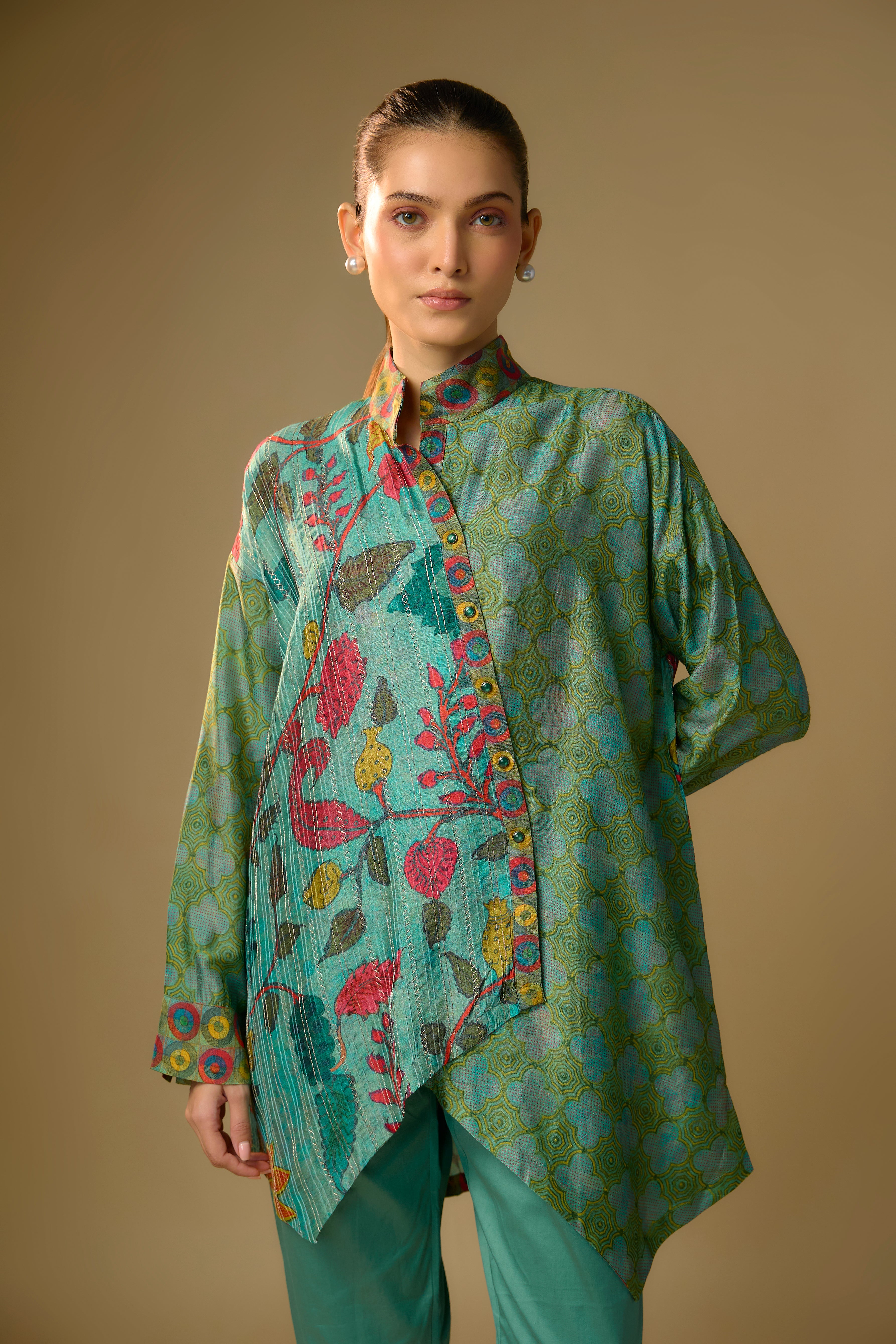 Duck Egg Blue Floral Printed Slub Cotton Silk Tunic Top