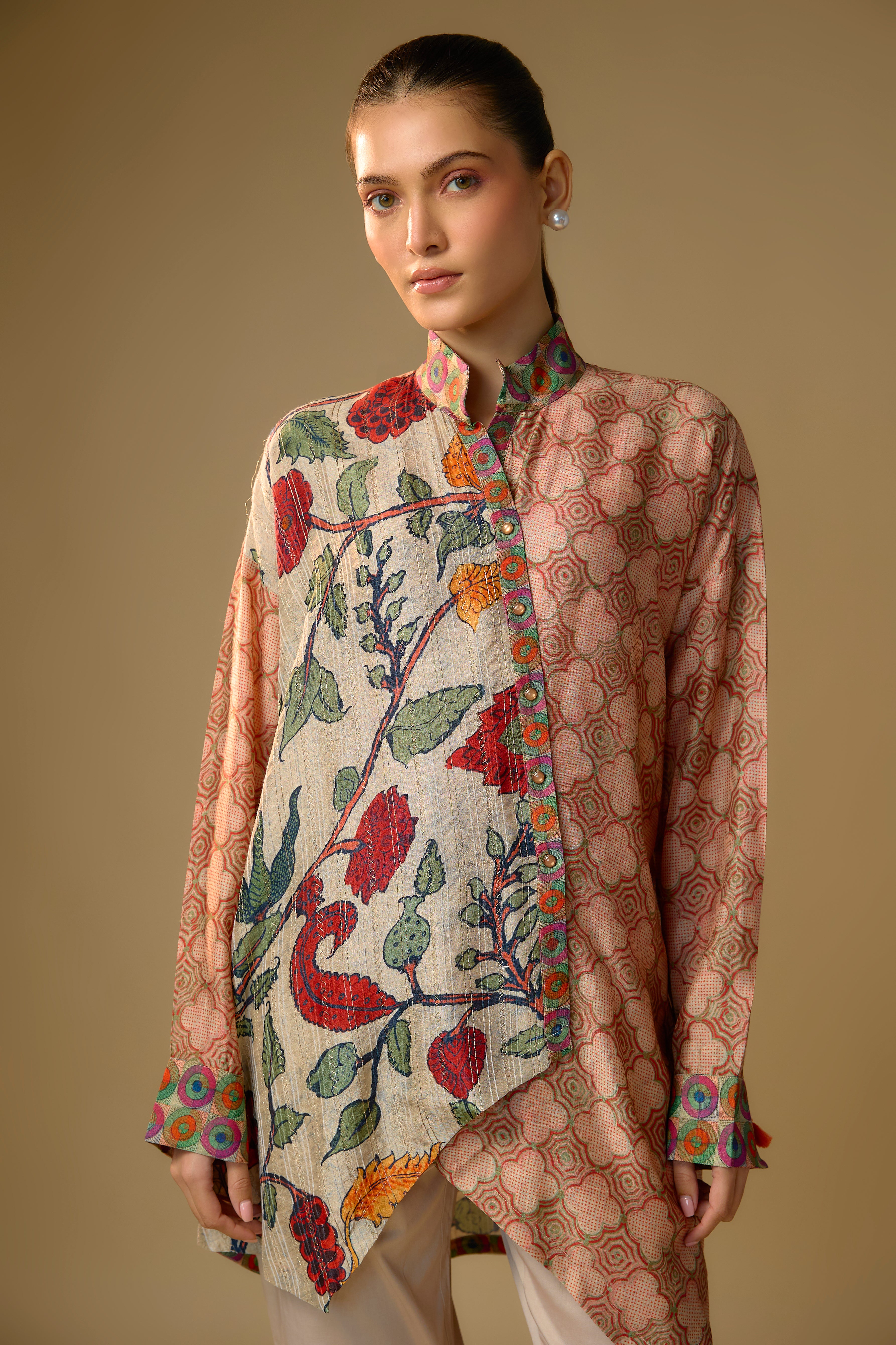 Ivory Floral Printed Slub Cotton Silk Tunic Top