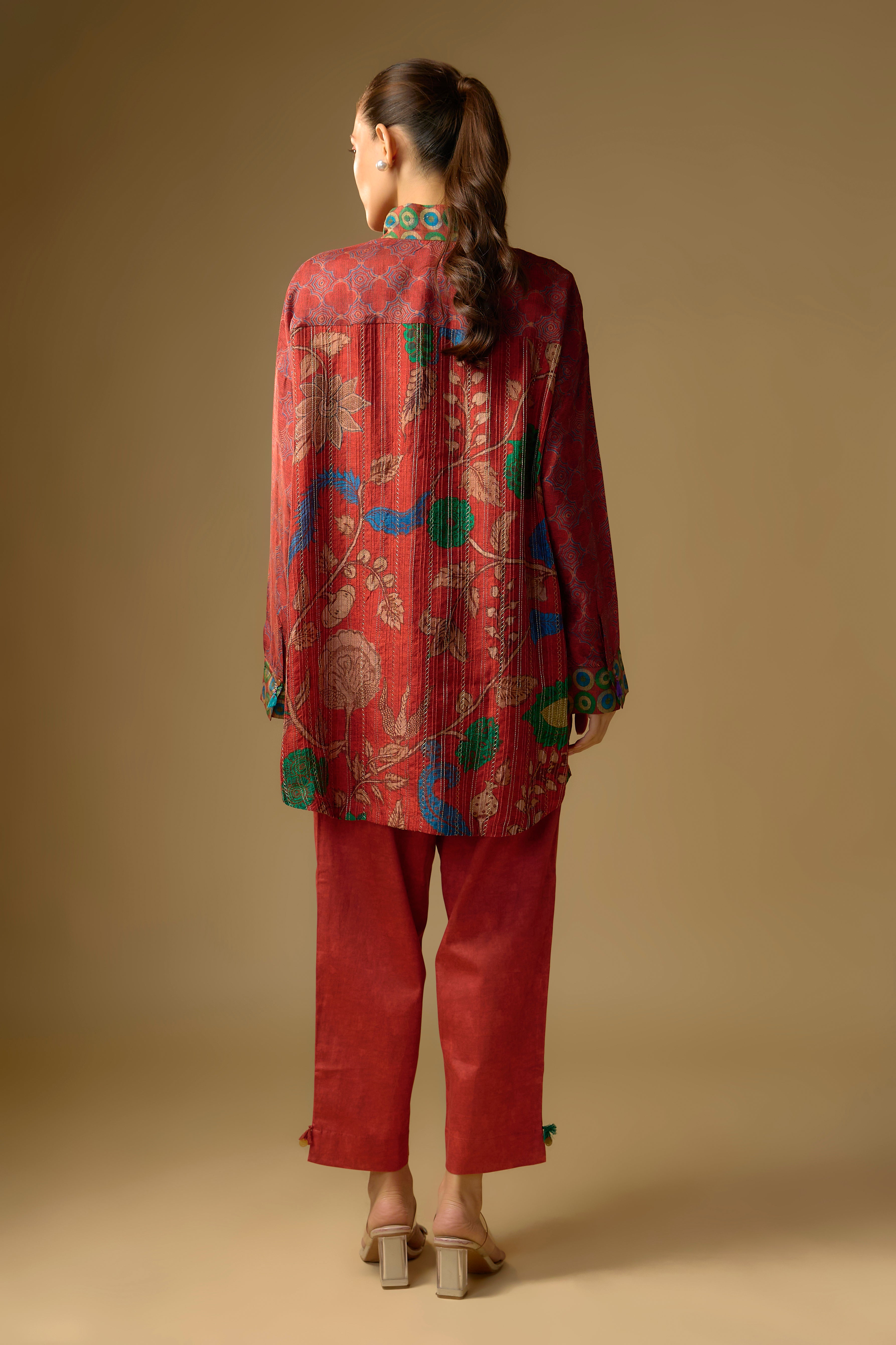 Red Floral Printed Slub Cotton Silk Tunic Top