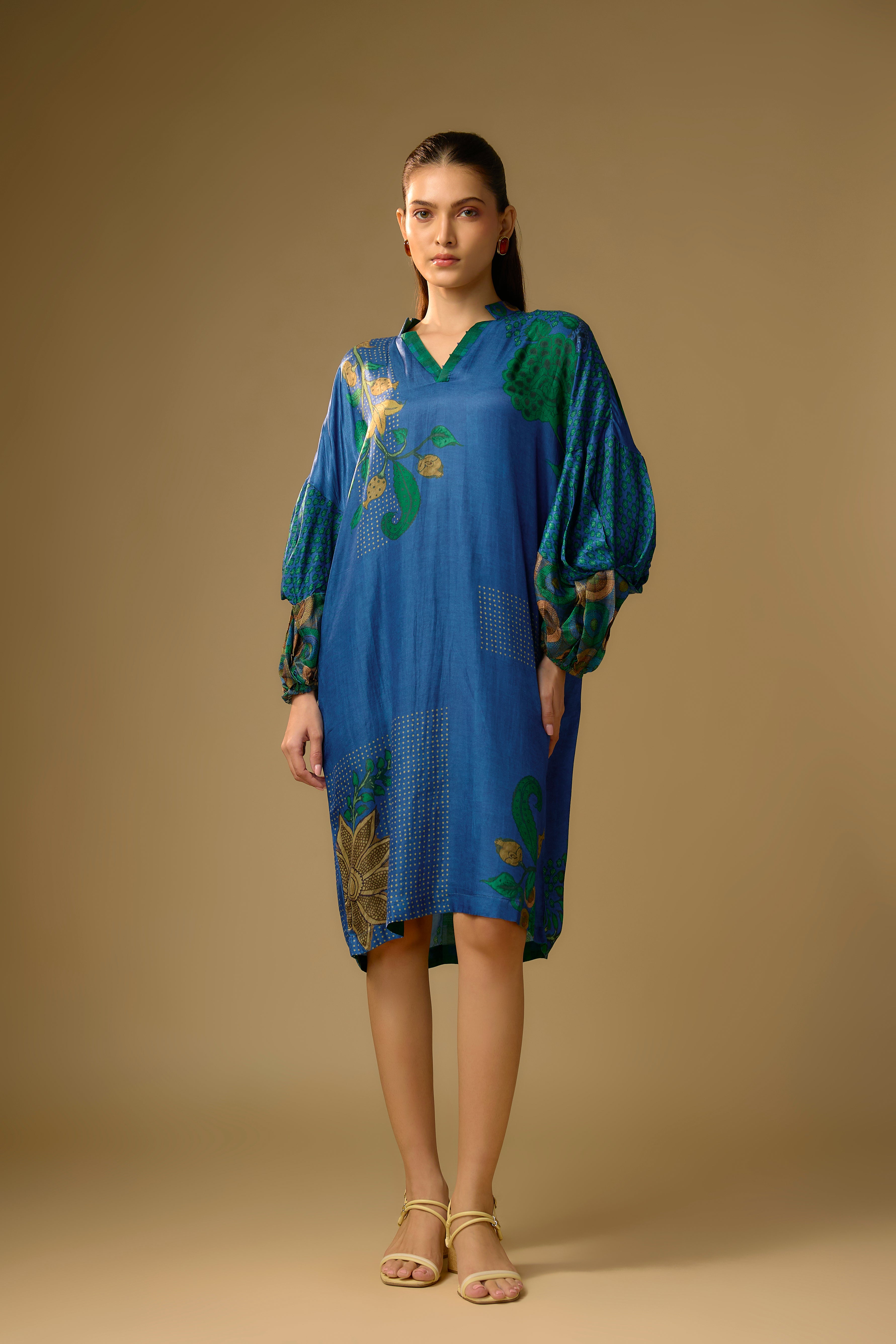 Blue Printed Slub Cotton Silk Tunic Dress