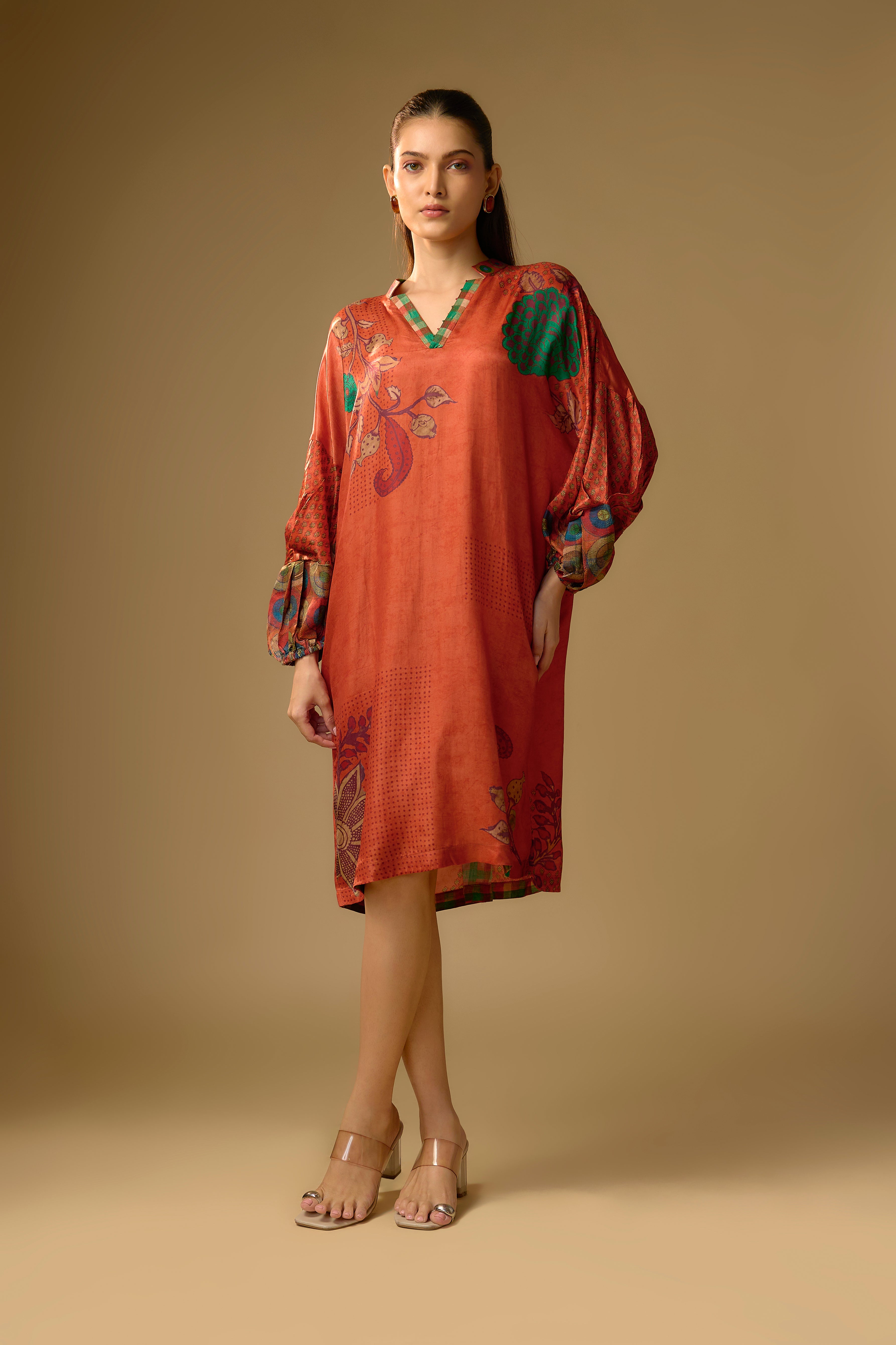 Red Printed Slub Cotton Silk Tunic Dress