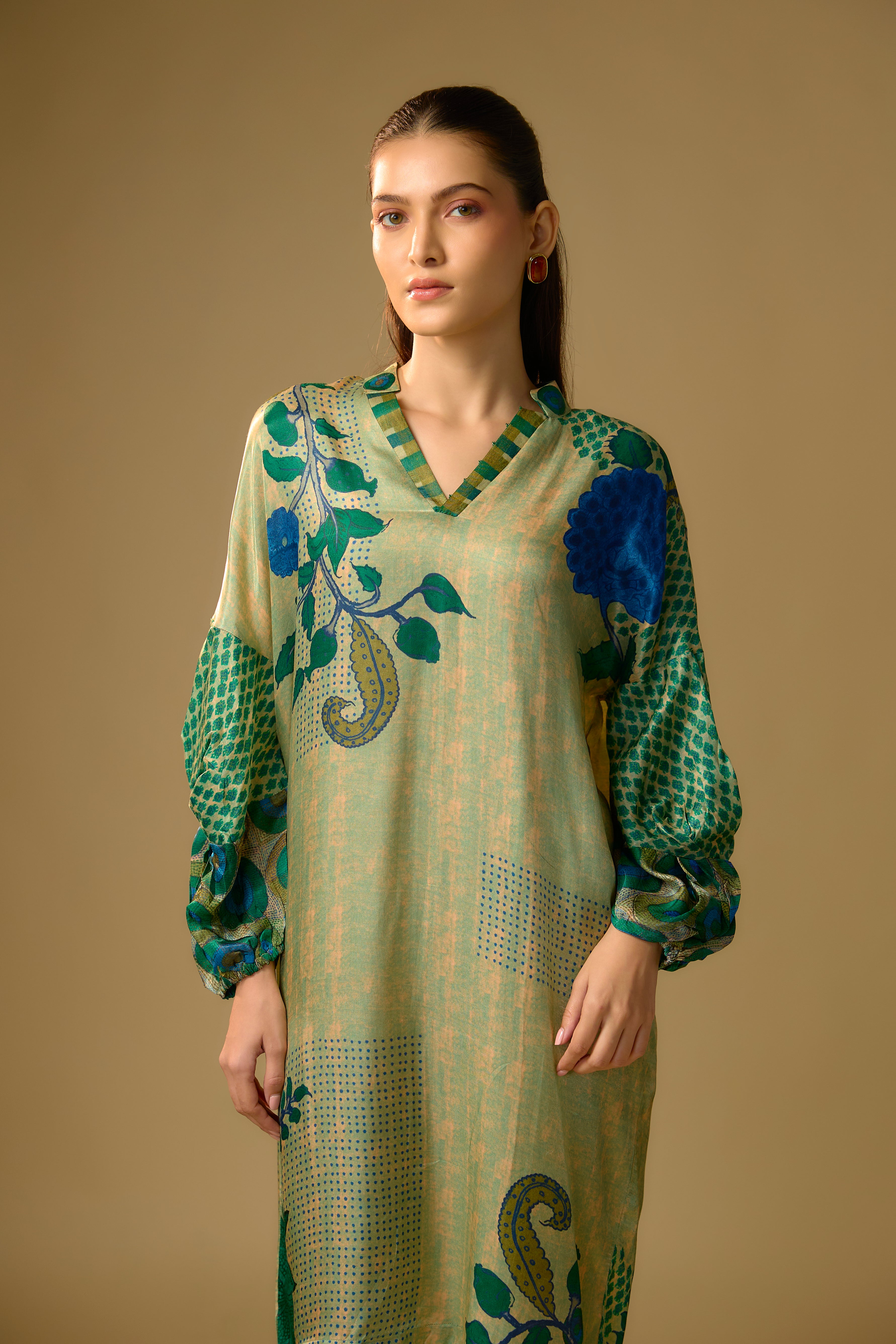 Pista Green Printed Slub Cotton Silk Tunic Dress