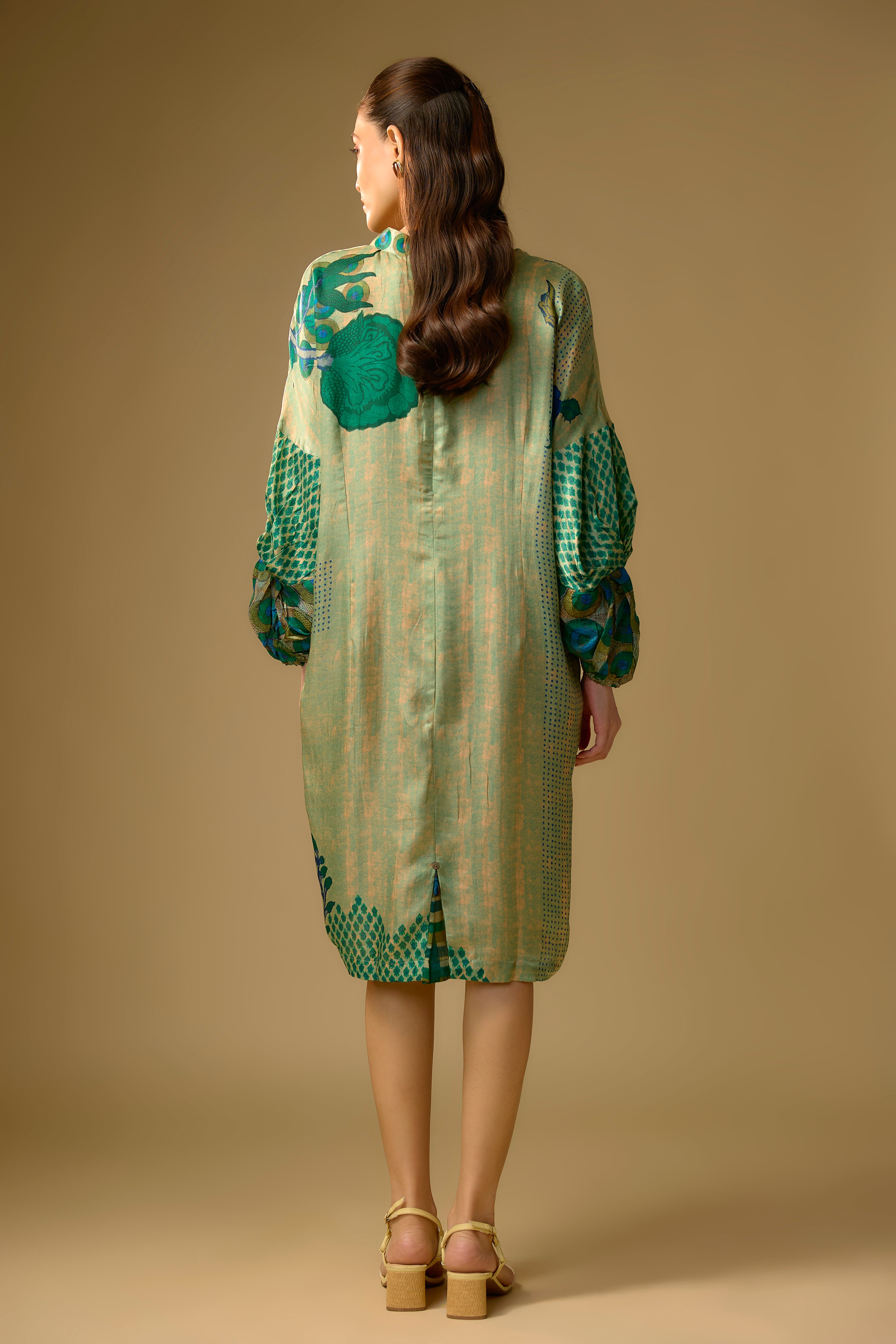 Pista Green Printed Slub Cotton Silk Tunic Dress