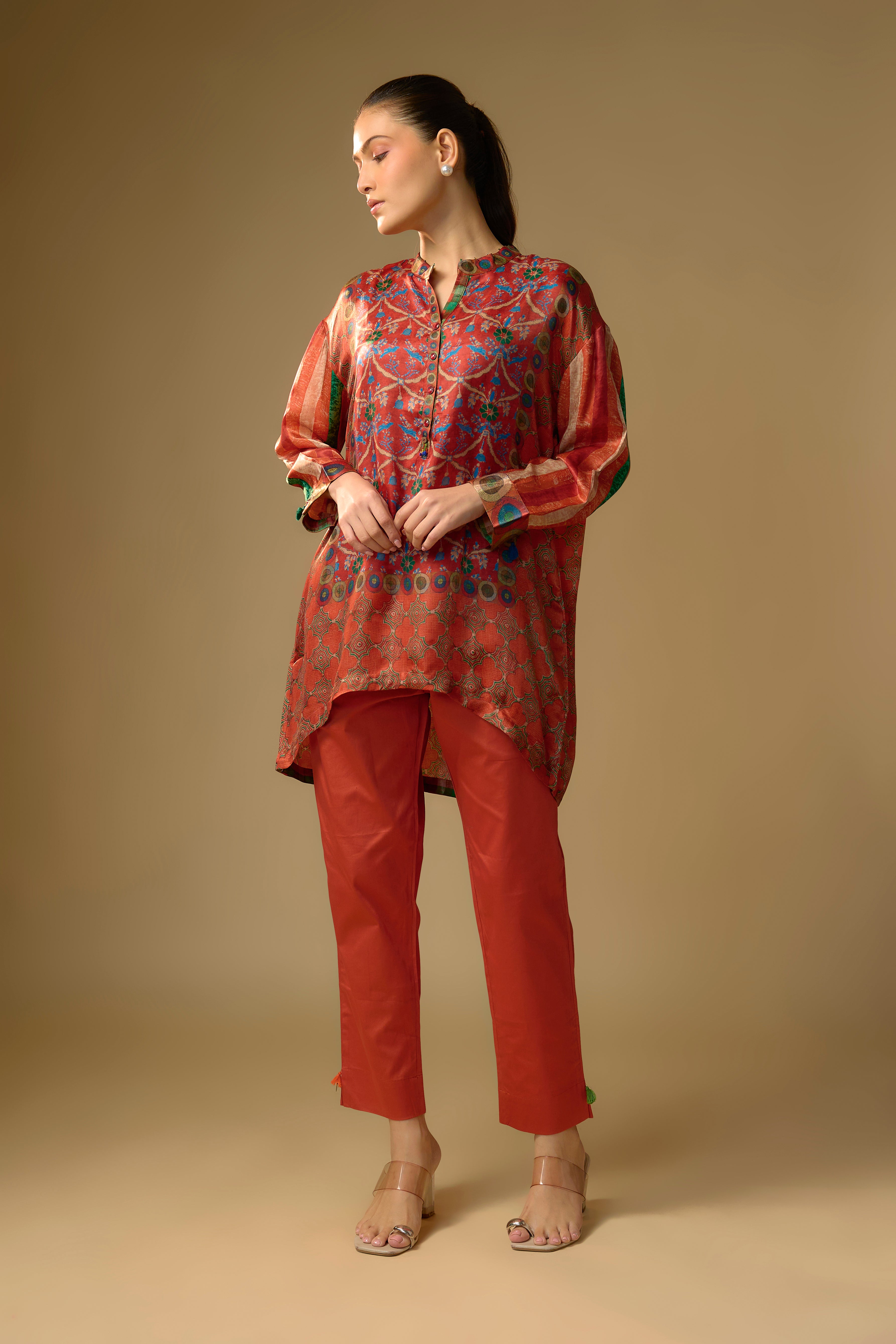 Orange Printed Slub Cotton Silk Tunic Top