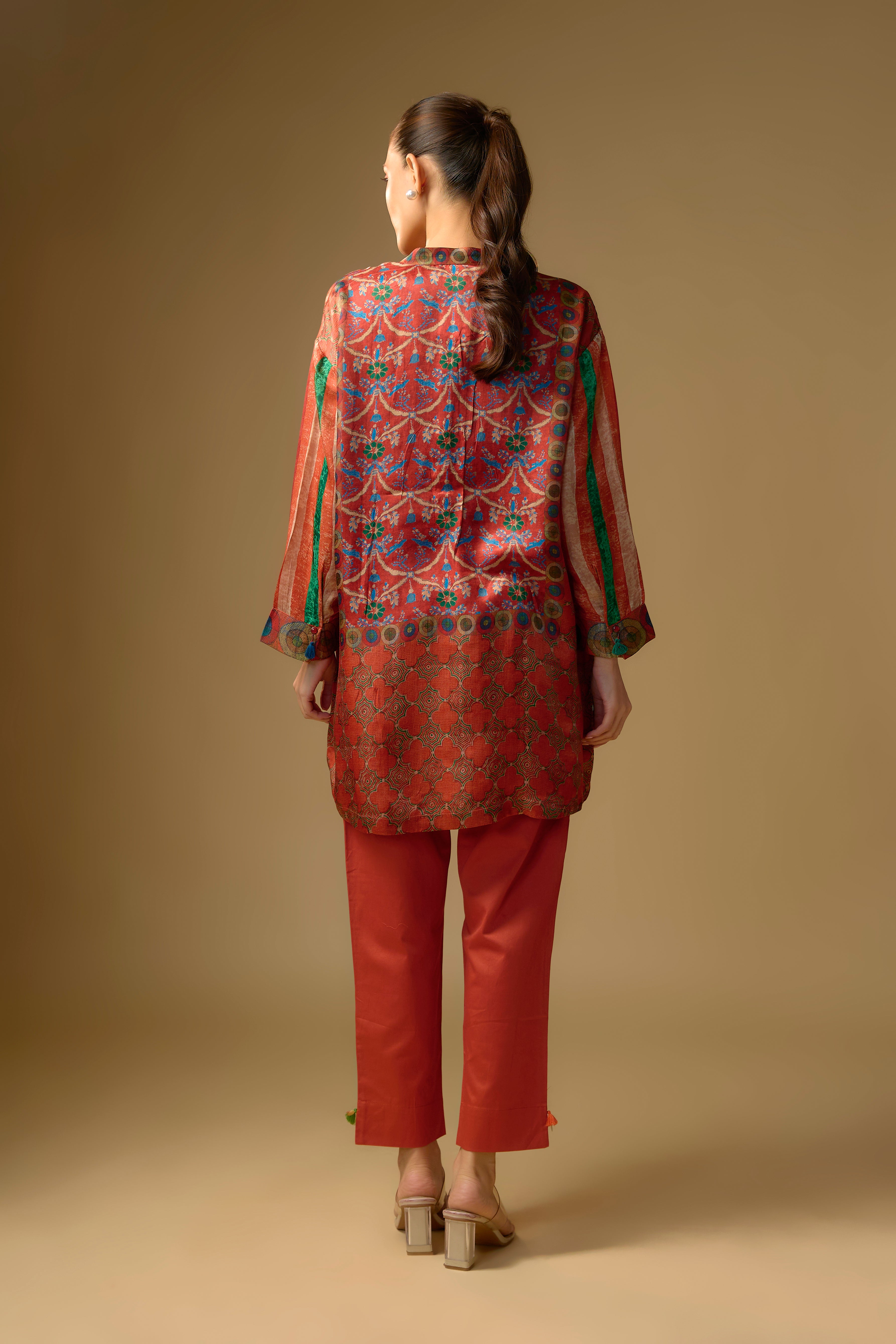 Orange Printed Slub Cotton Silk Tunic Top
