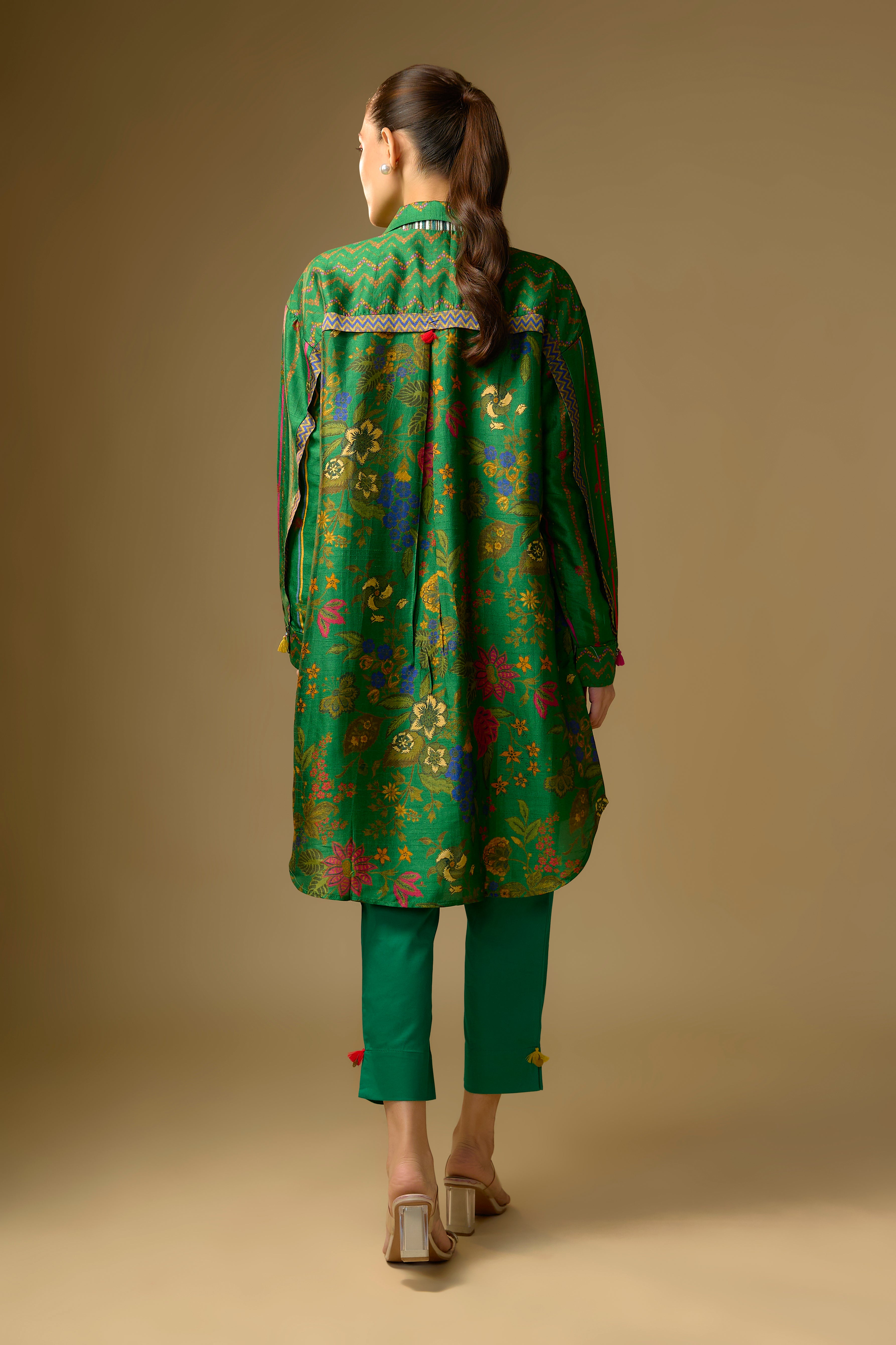 Green Printed Slub Cotton Silk Tunic Top
