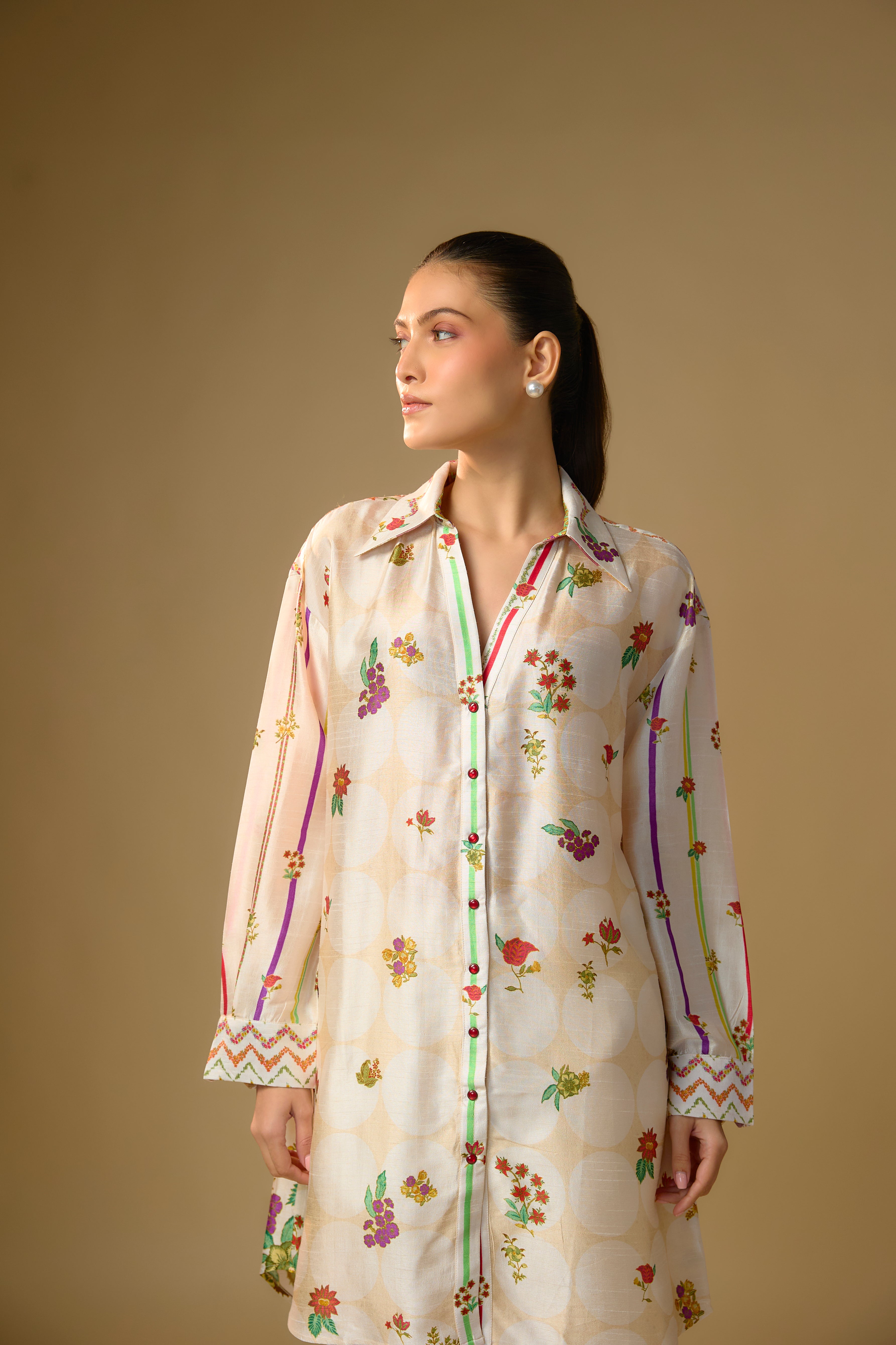Ivory Printed Slub Cotton Silk Tunic Top