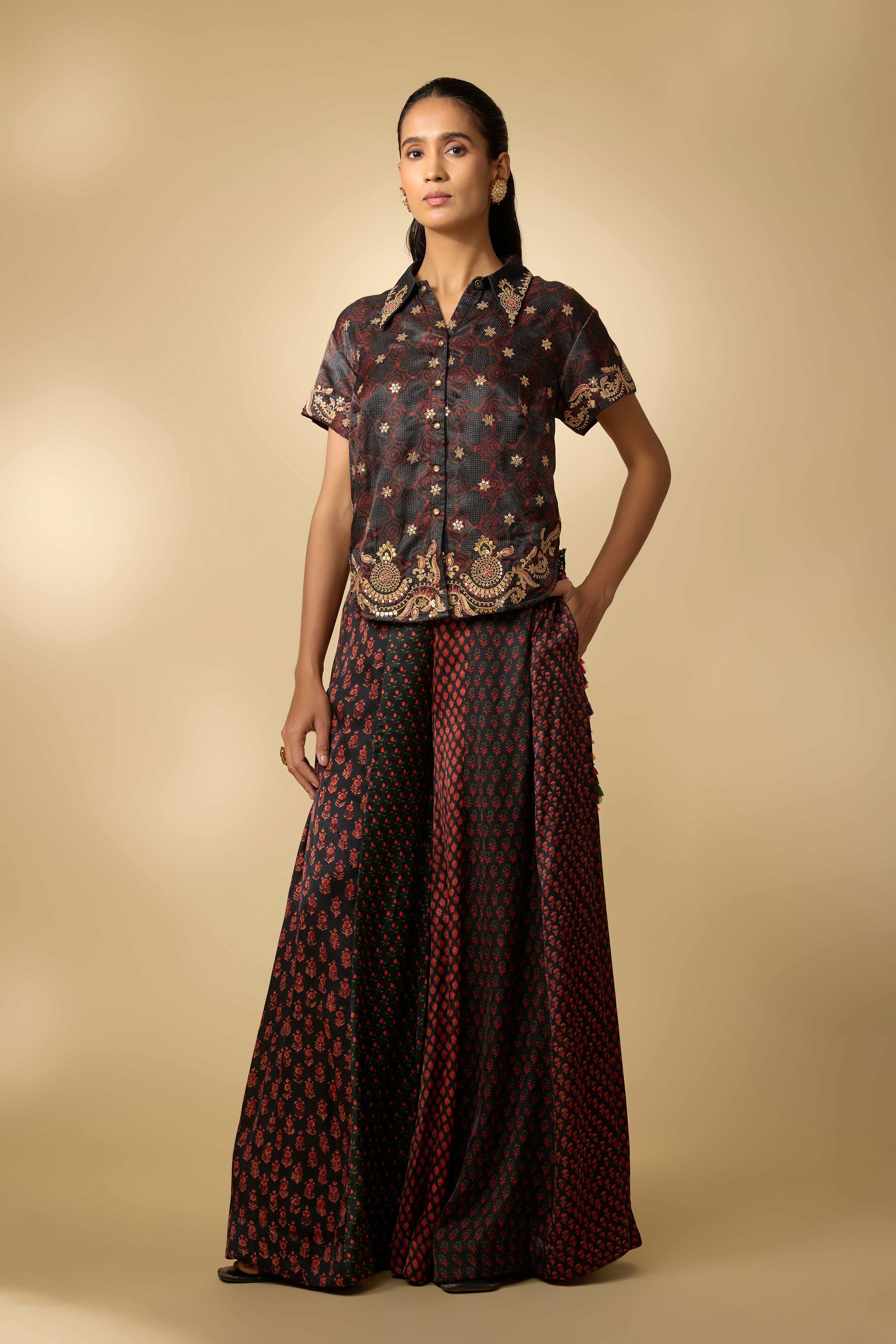 Hot Black Printed Slub Cotton Silk Tunic Co-Ord Set