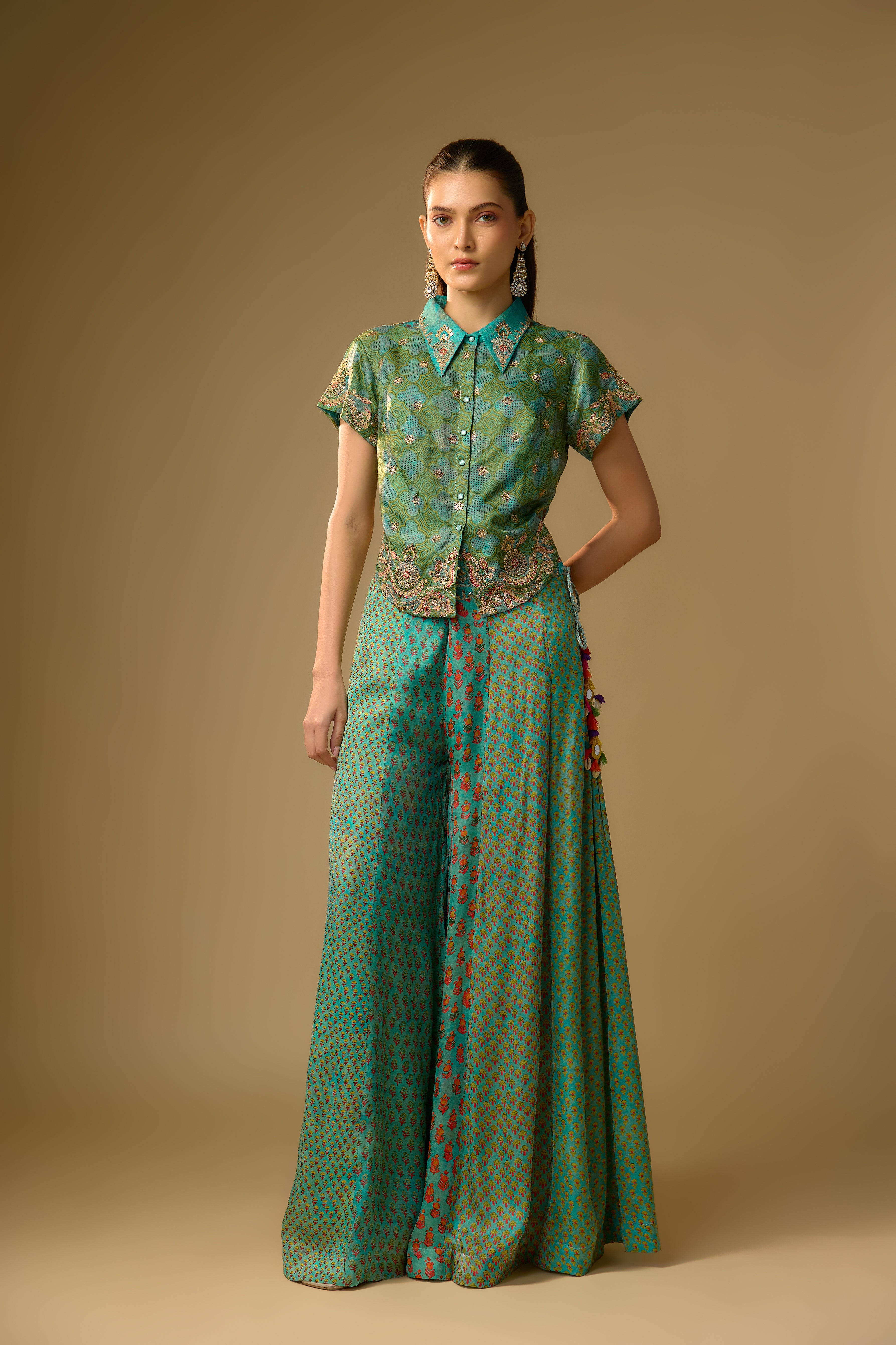 Light Blue Printed Slub Cotton Silk Tunic Co-Ord Set
