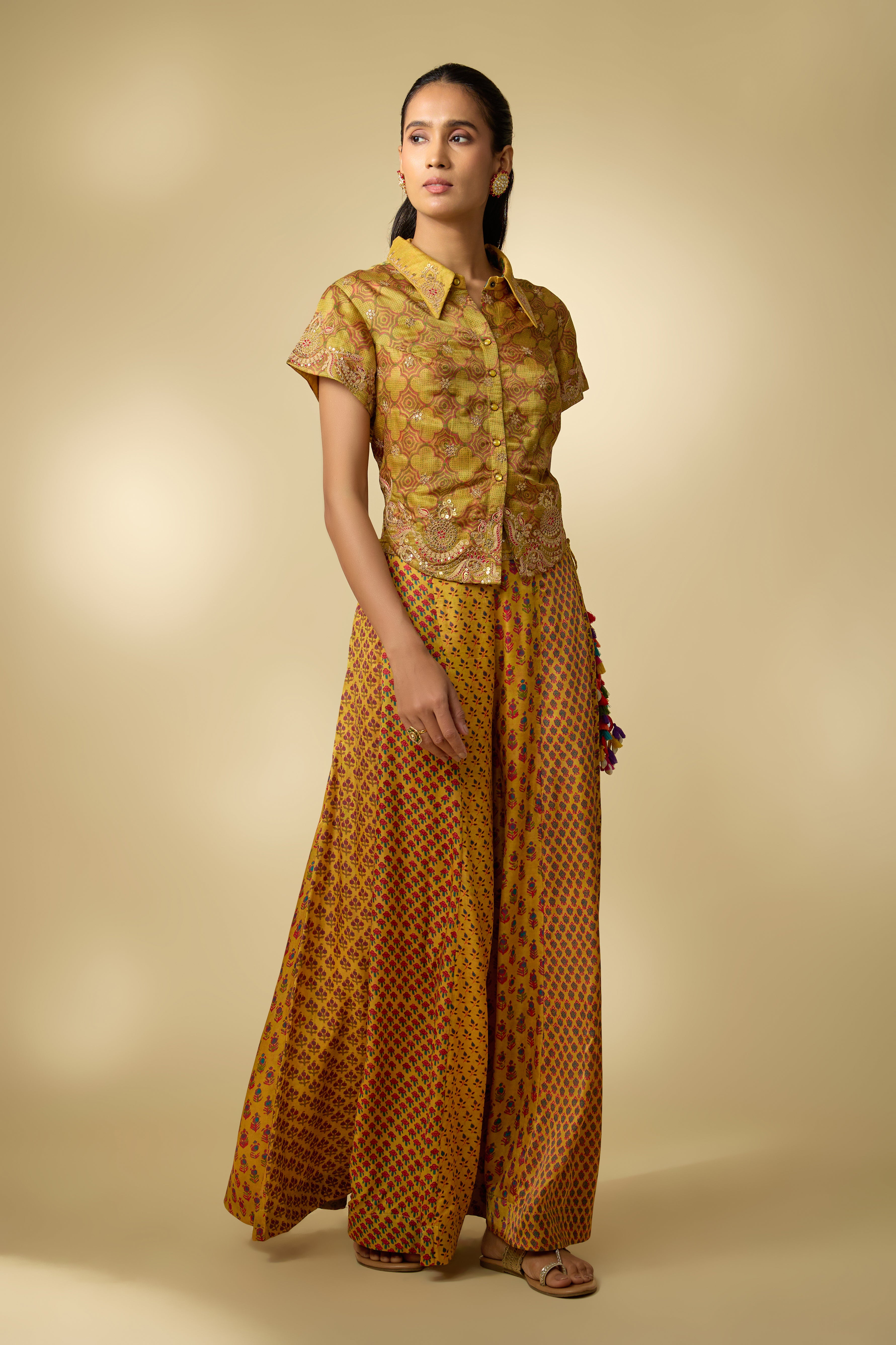 Mustard Yellow Printed Slub Cotton Silk Tunic Co-Ord Set