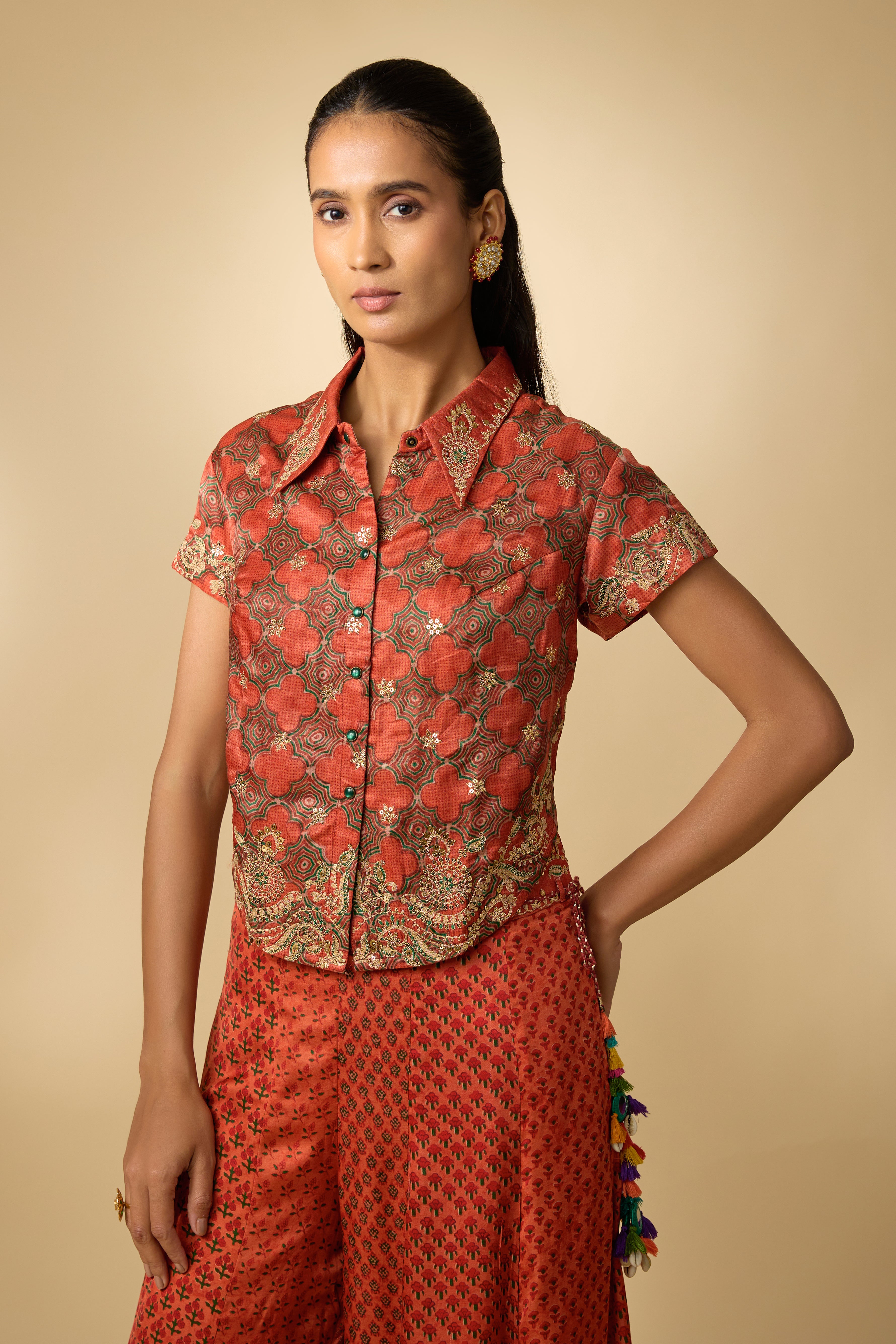 Orange Printed Slub Cotton Silk Tunic Co-Ord Set