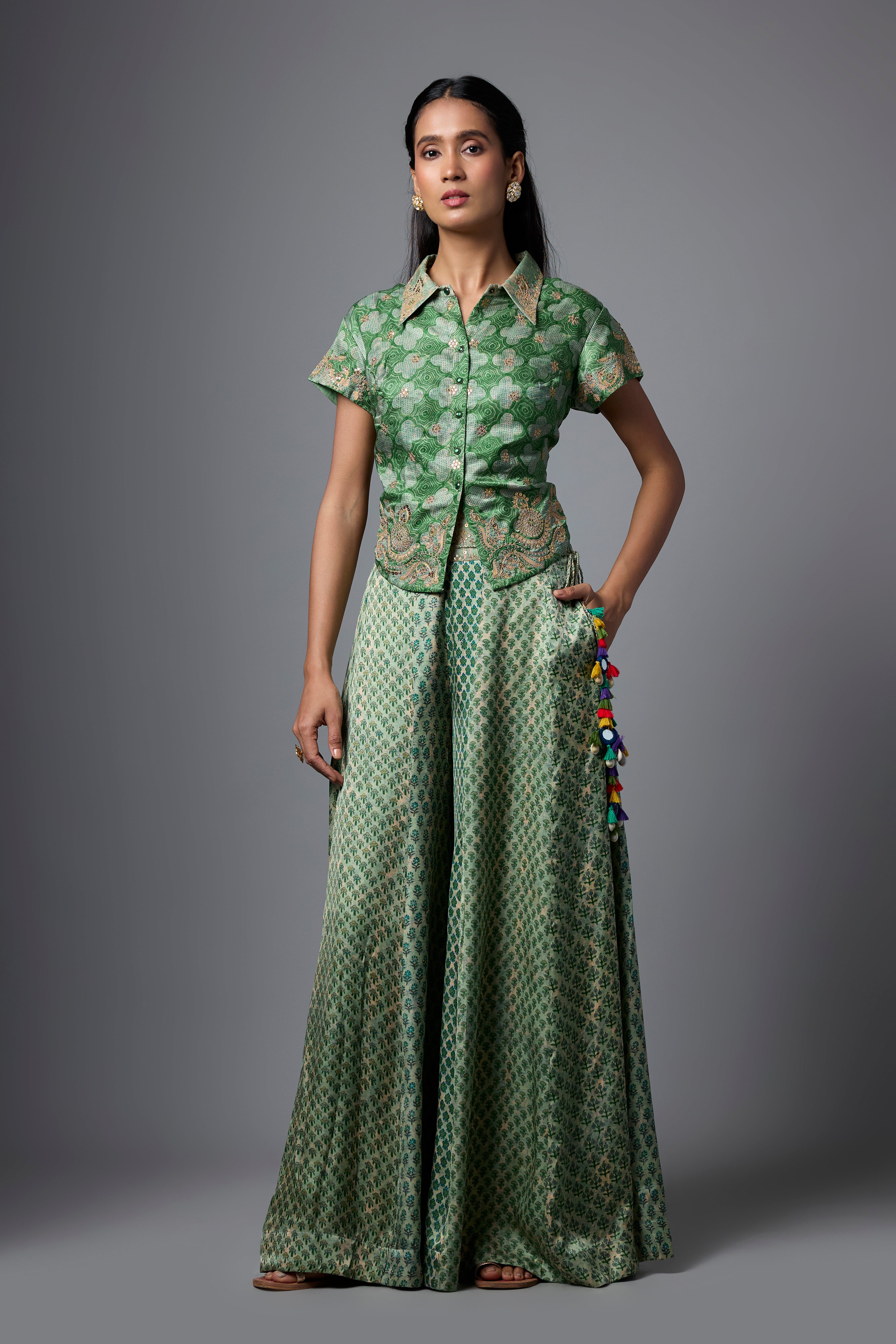 Pista Green Printed Slub Cotton Silk Tunic Co-Ord Set