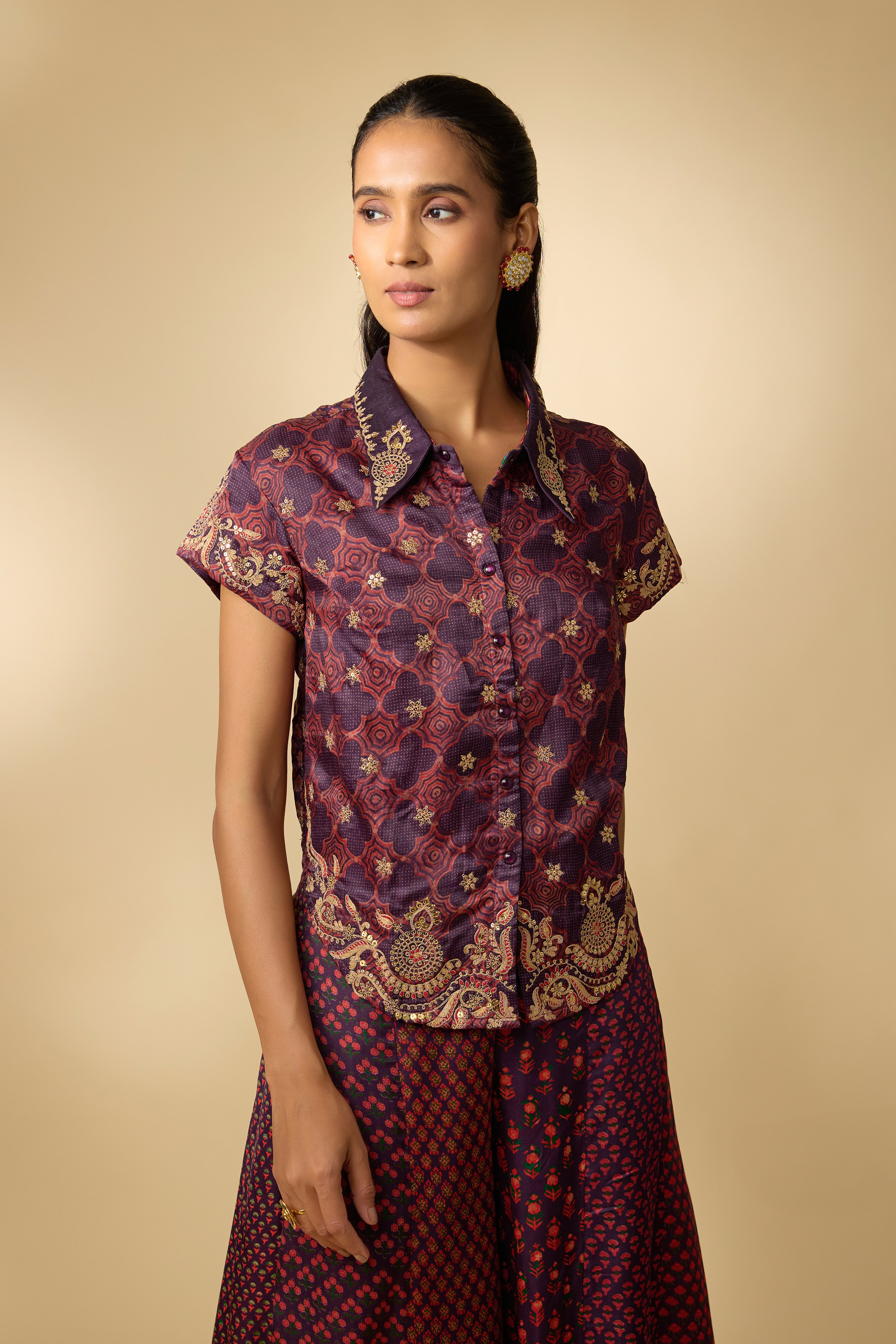Purple Printed Slub Cotton Silk Tunic Co-Ord Set