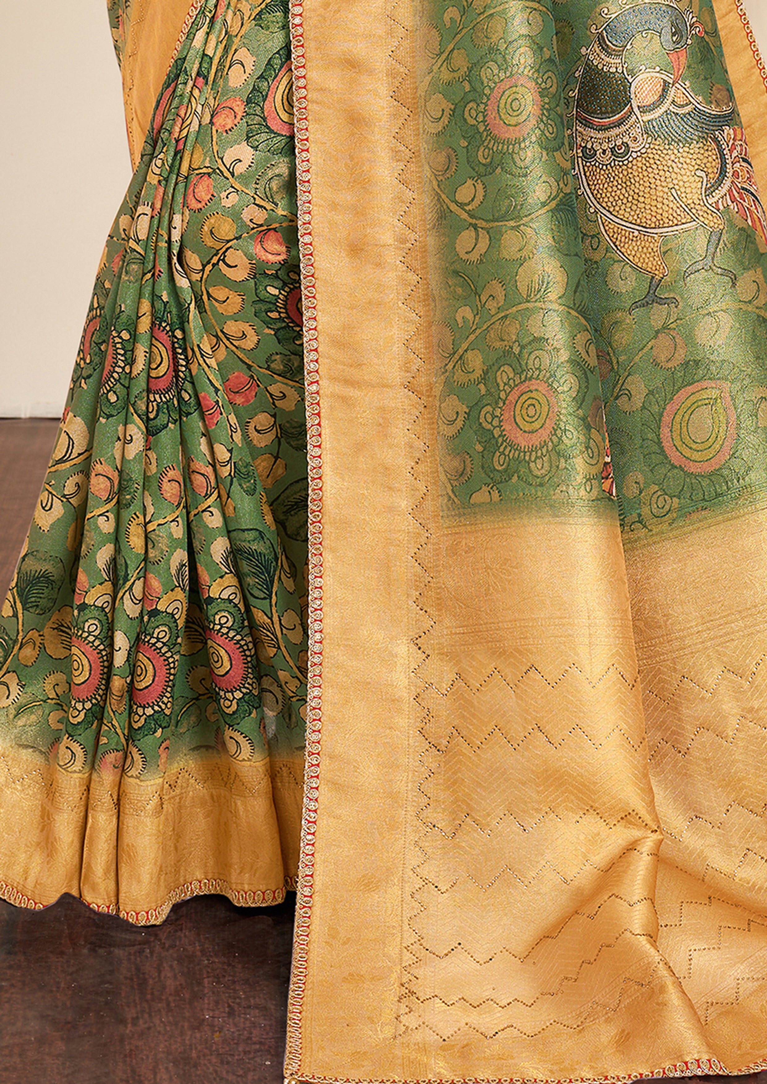 Green & Ochre Printed Tissue Silk Saree