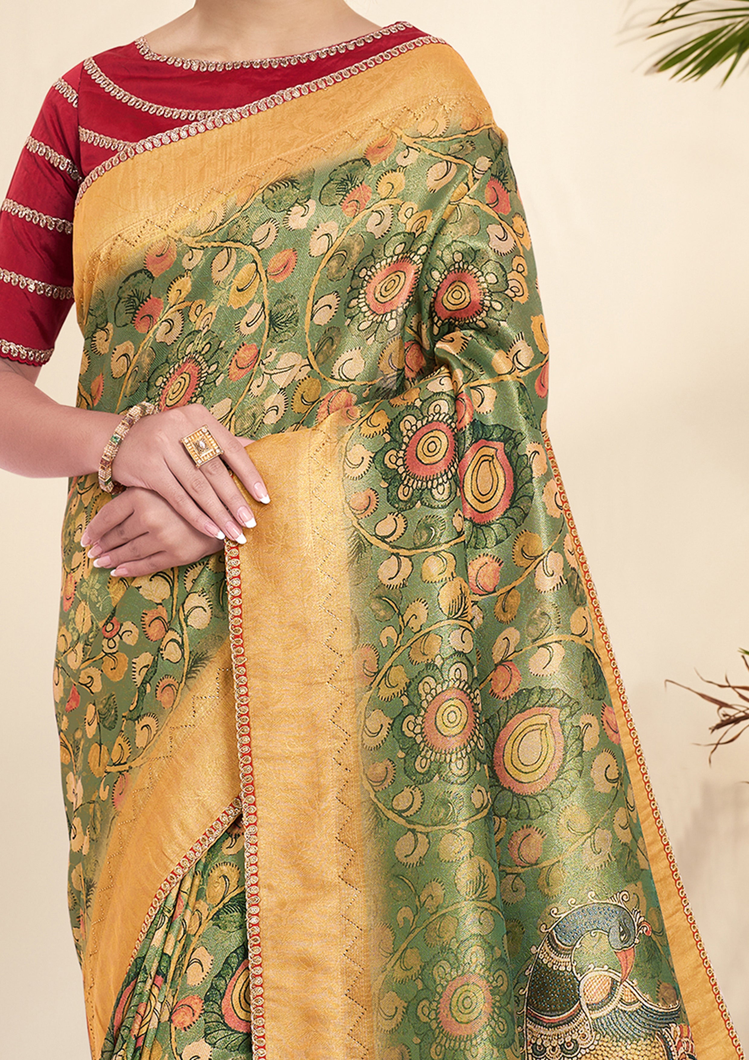 Green & Ochre Printed Tissue Silk Saree