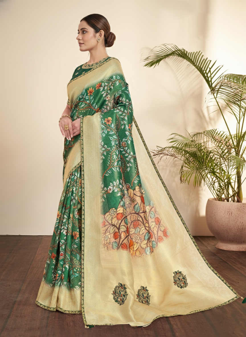 Bottle Green Printed Tissue Silk Saree