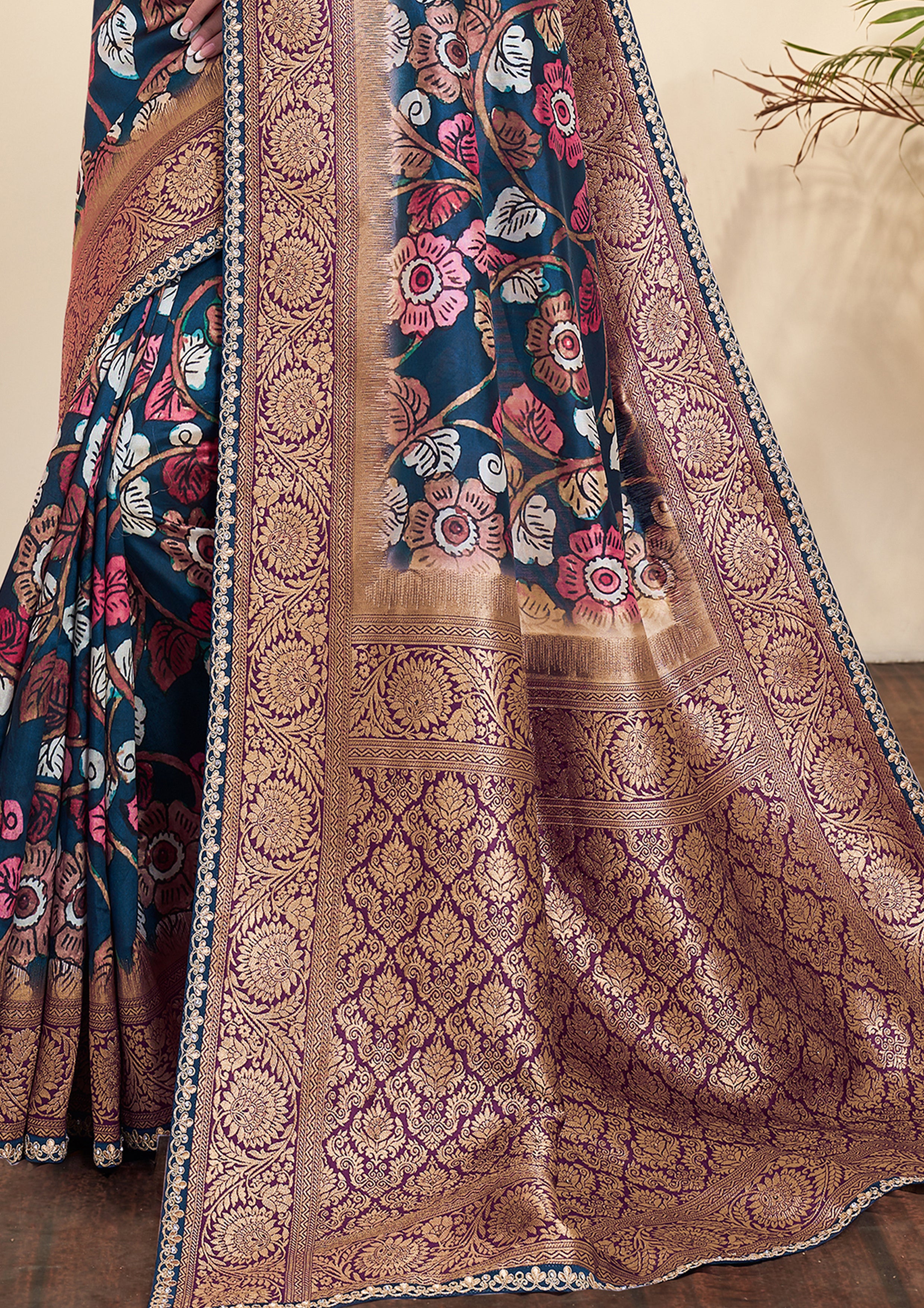 Midnight Blue Printed Tussar Silk Jacquard Saree