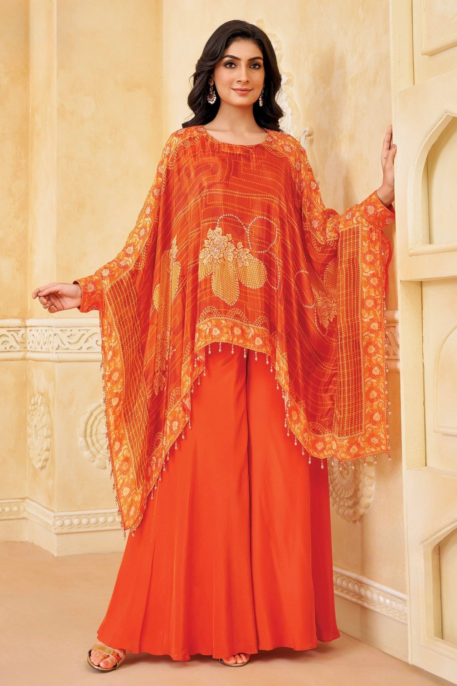 Sunset Orange Printed Organza Silk Palazzo Set