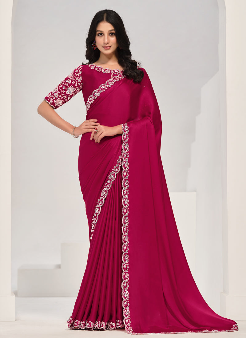 Rani Pink Embellished Crepe Satin Silk Saree
