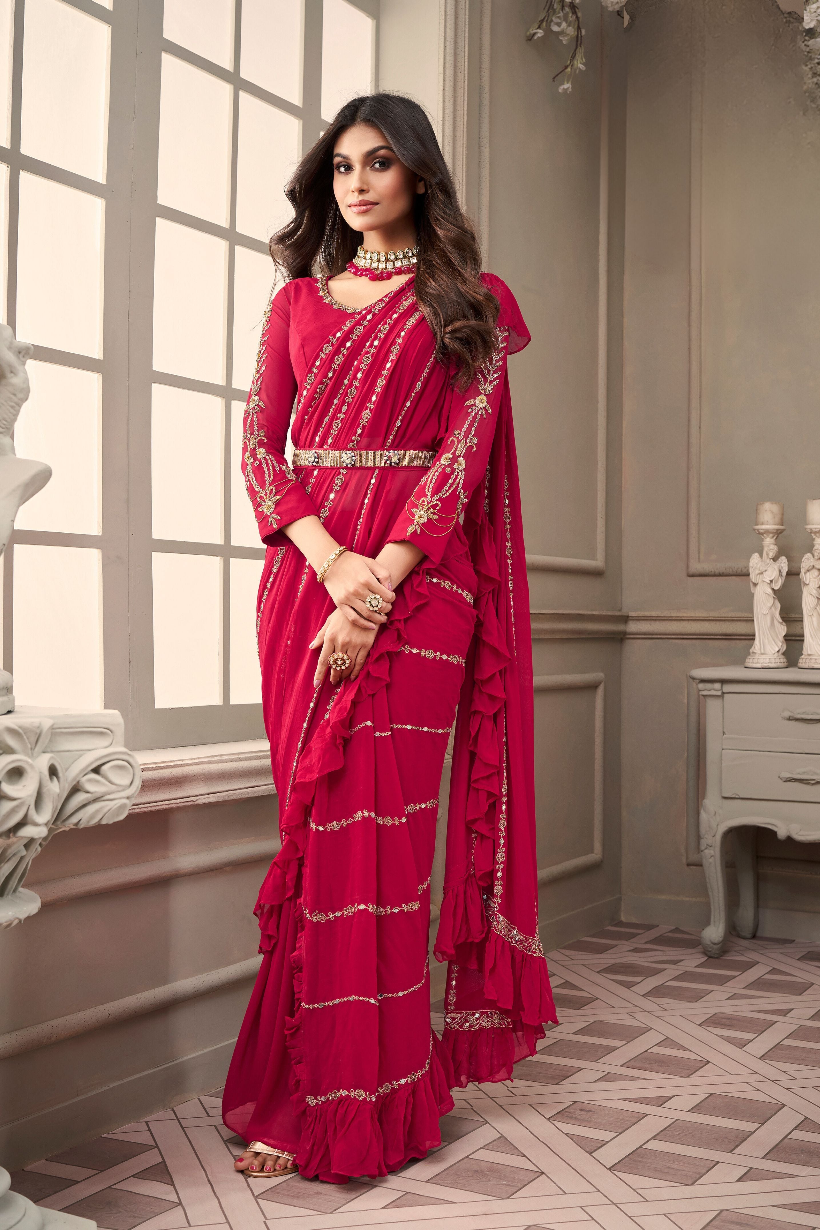 Hot Red Embellished Swiss Georgette Silk Draped Saree