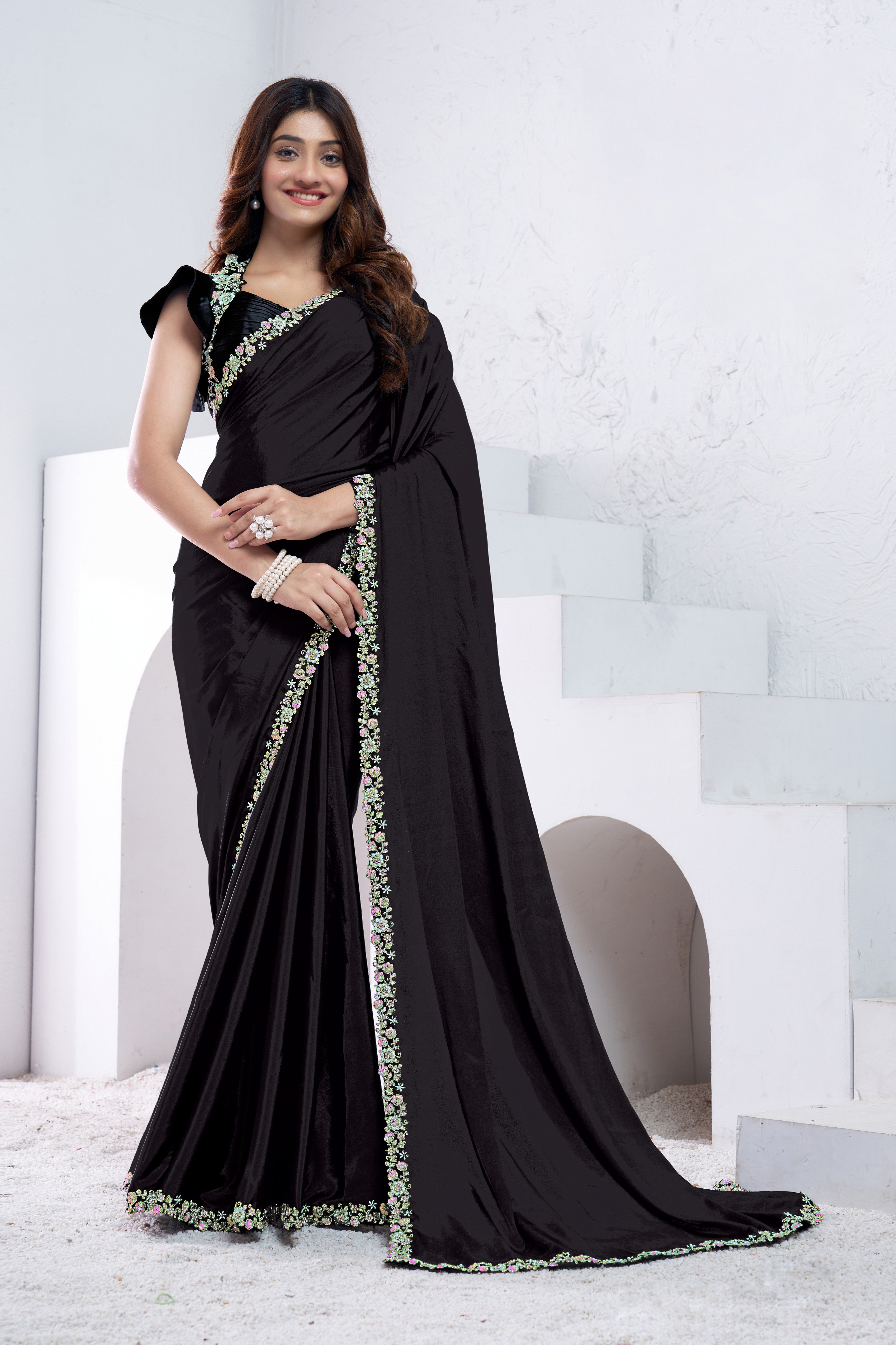 Black Embellished Pure Crepe Silk Saree