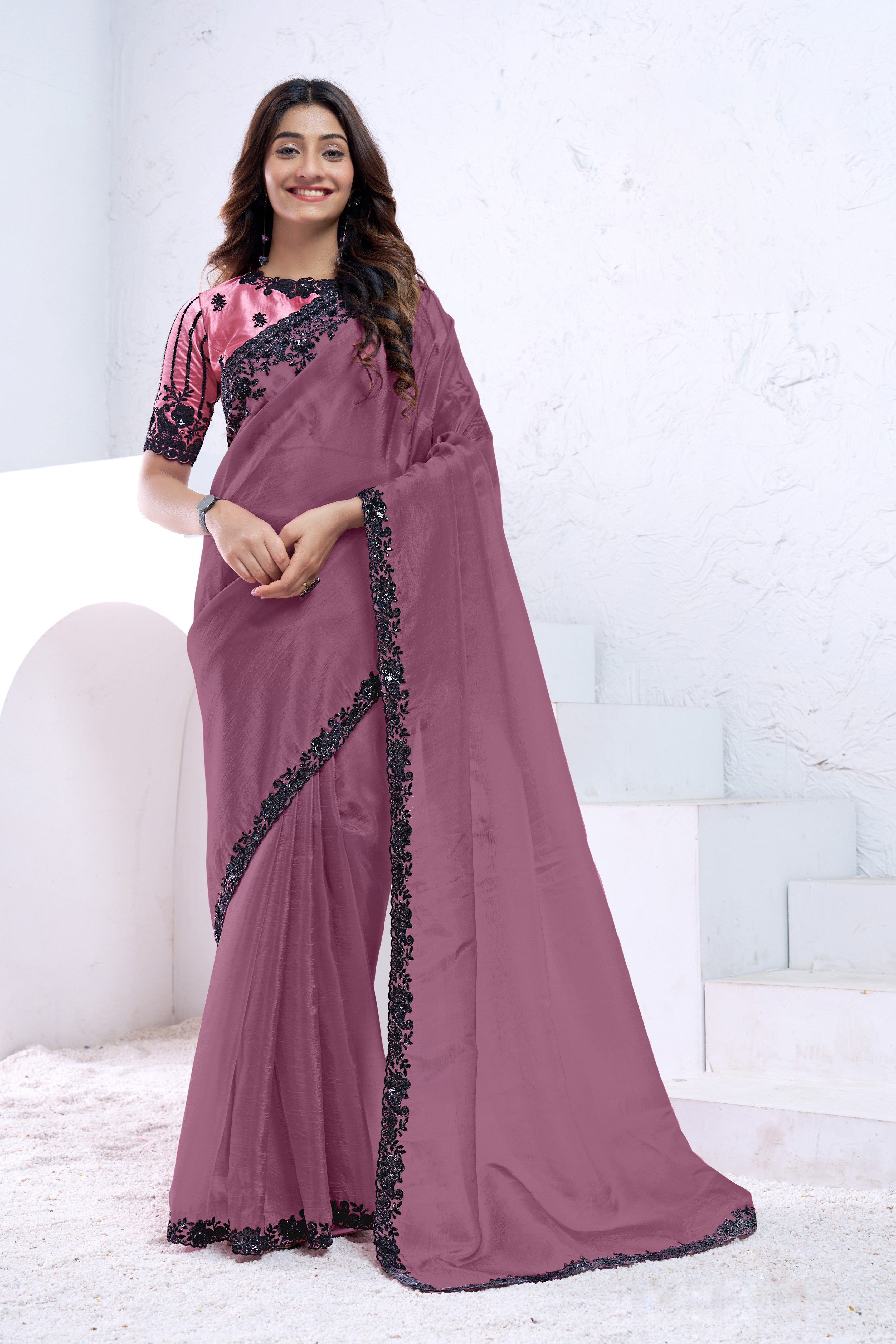 Dark Mauve Embellished Pure Crepe Silk Saree