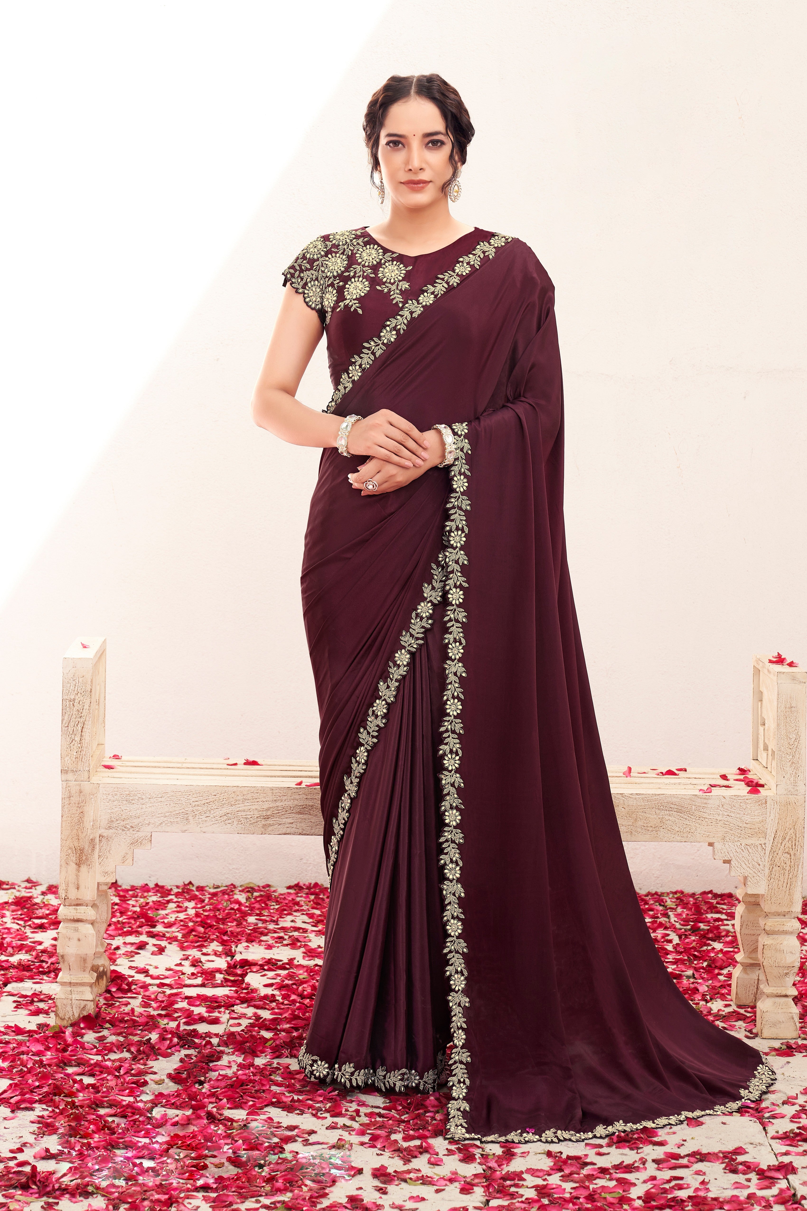 Wine Embellished Pure Crepe Silk Saree