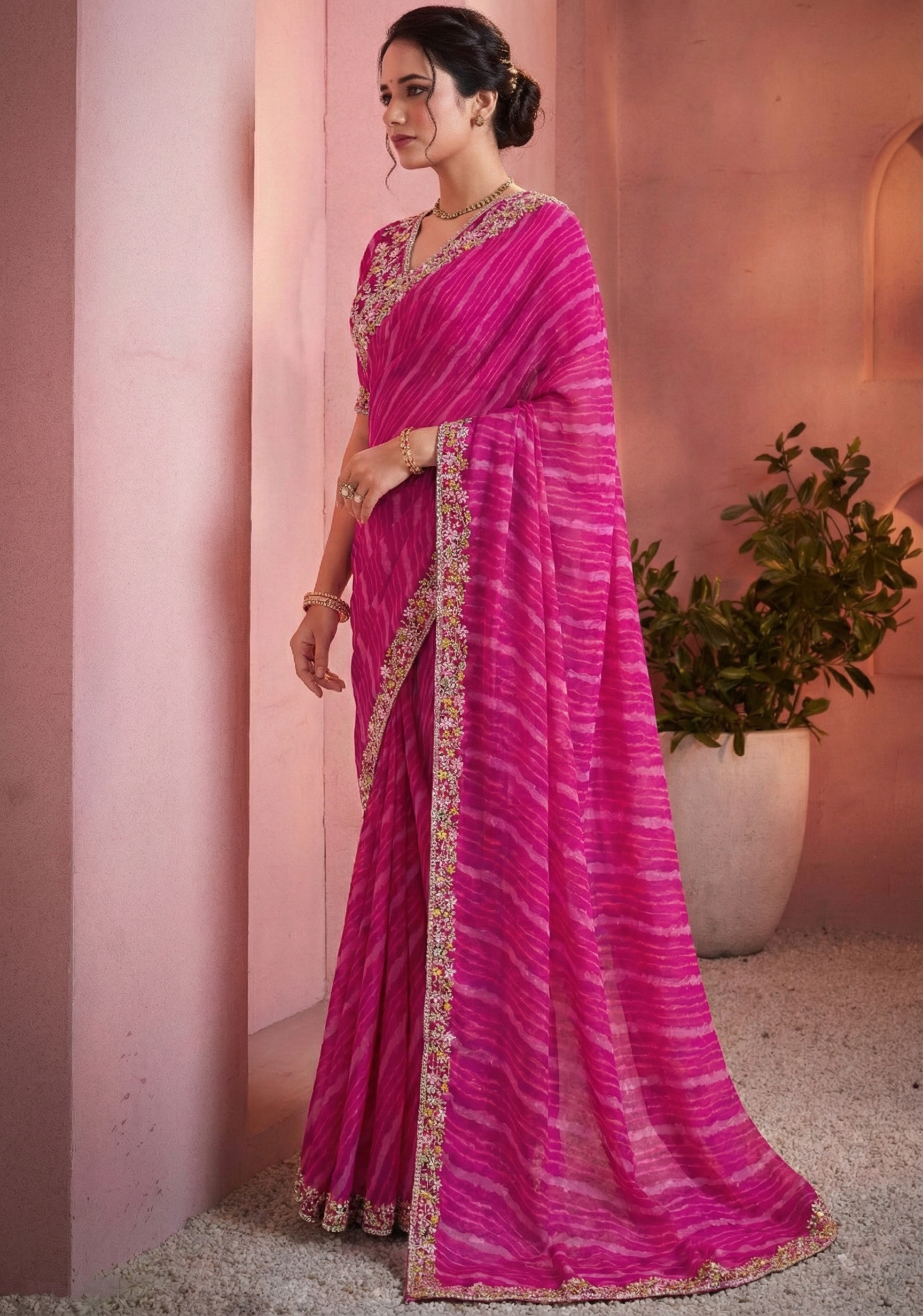 Rani Pink Embroidered Satin Silk Saree