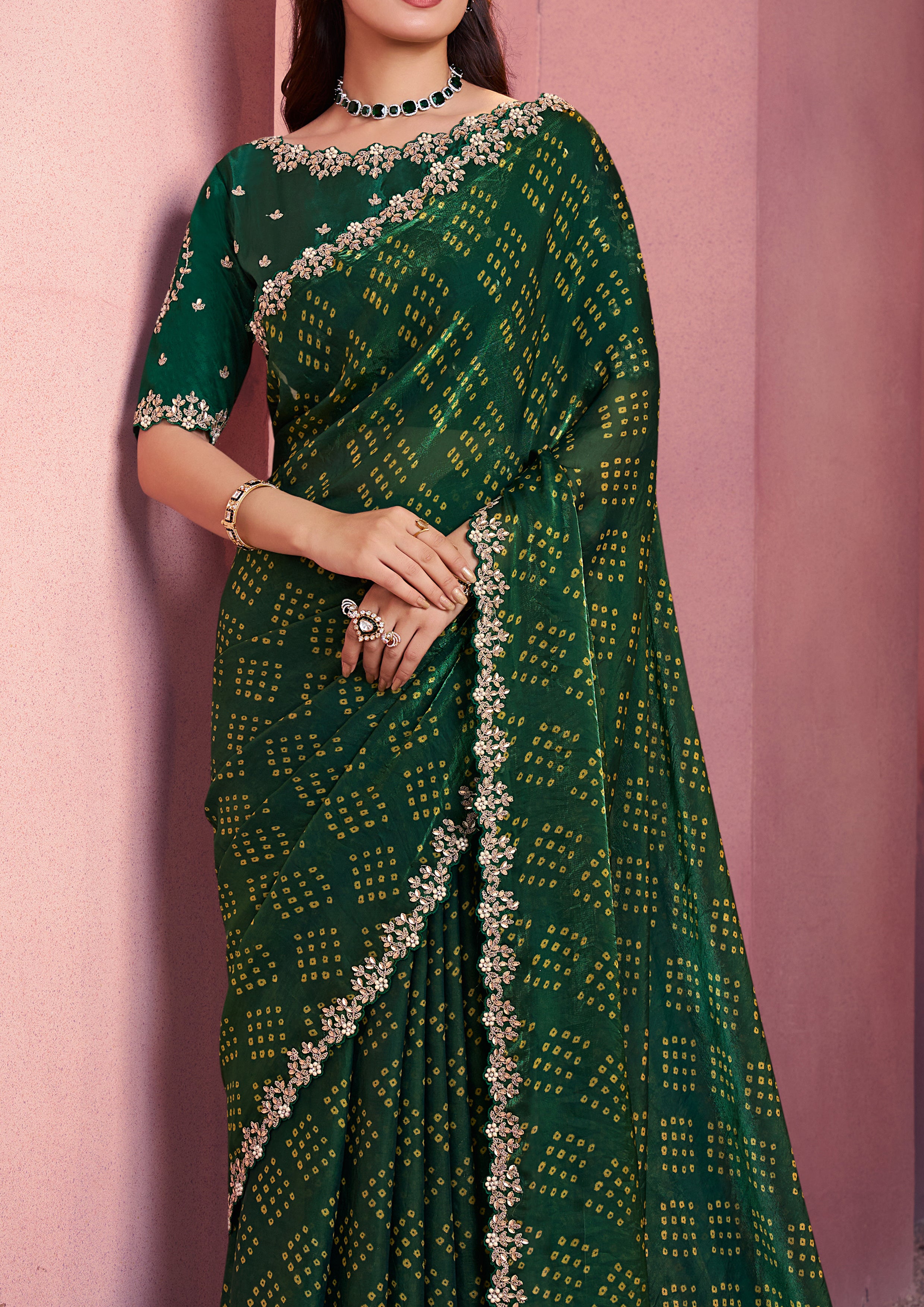 Bottle Green Bandhej Printed Satin Silk Saree