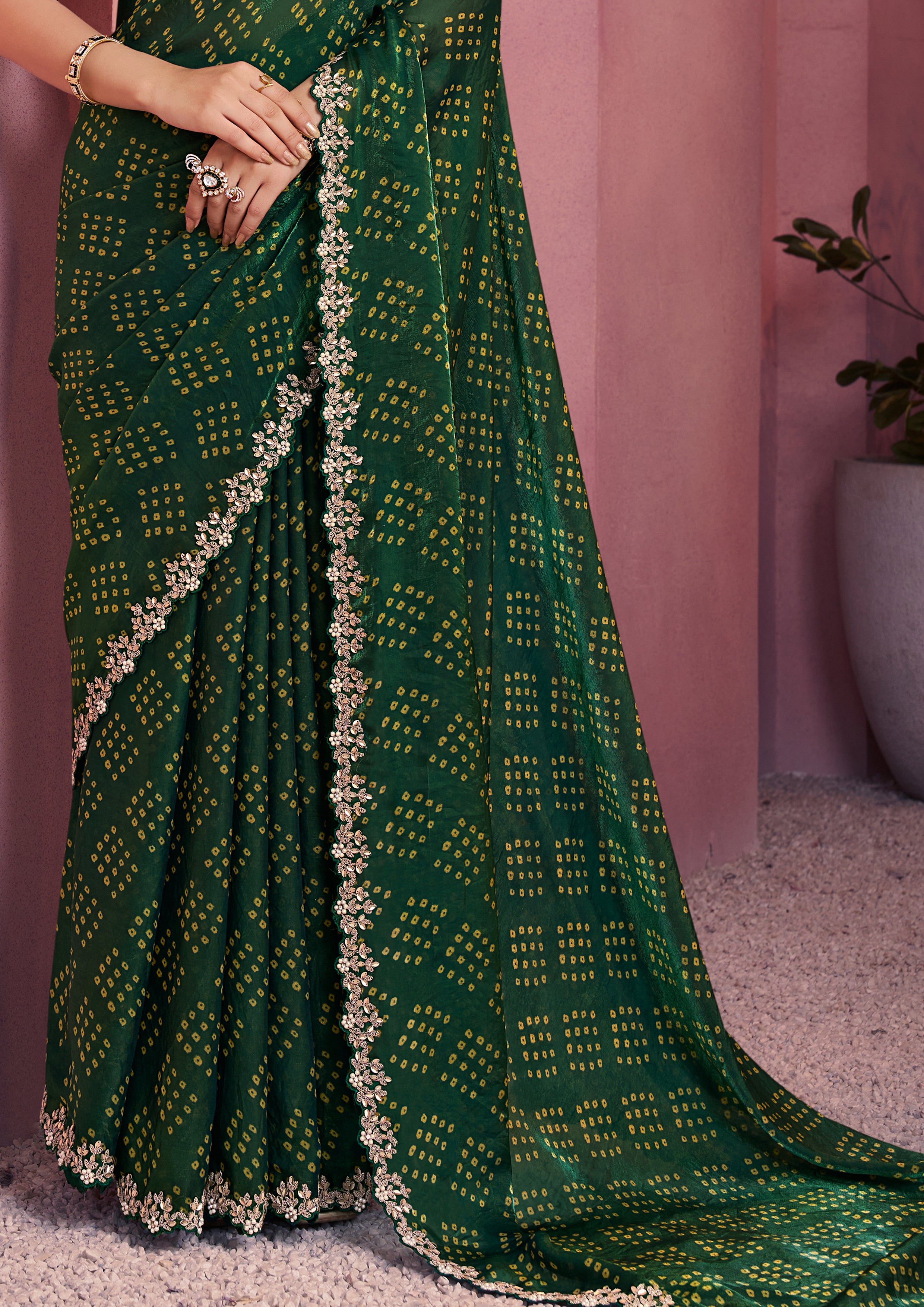 Bottle Green Bandhej Printed Satin Silk Saree