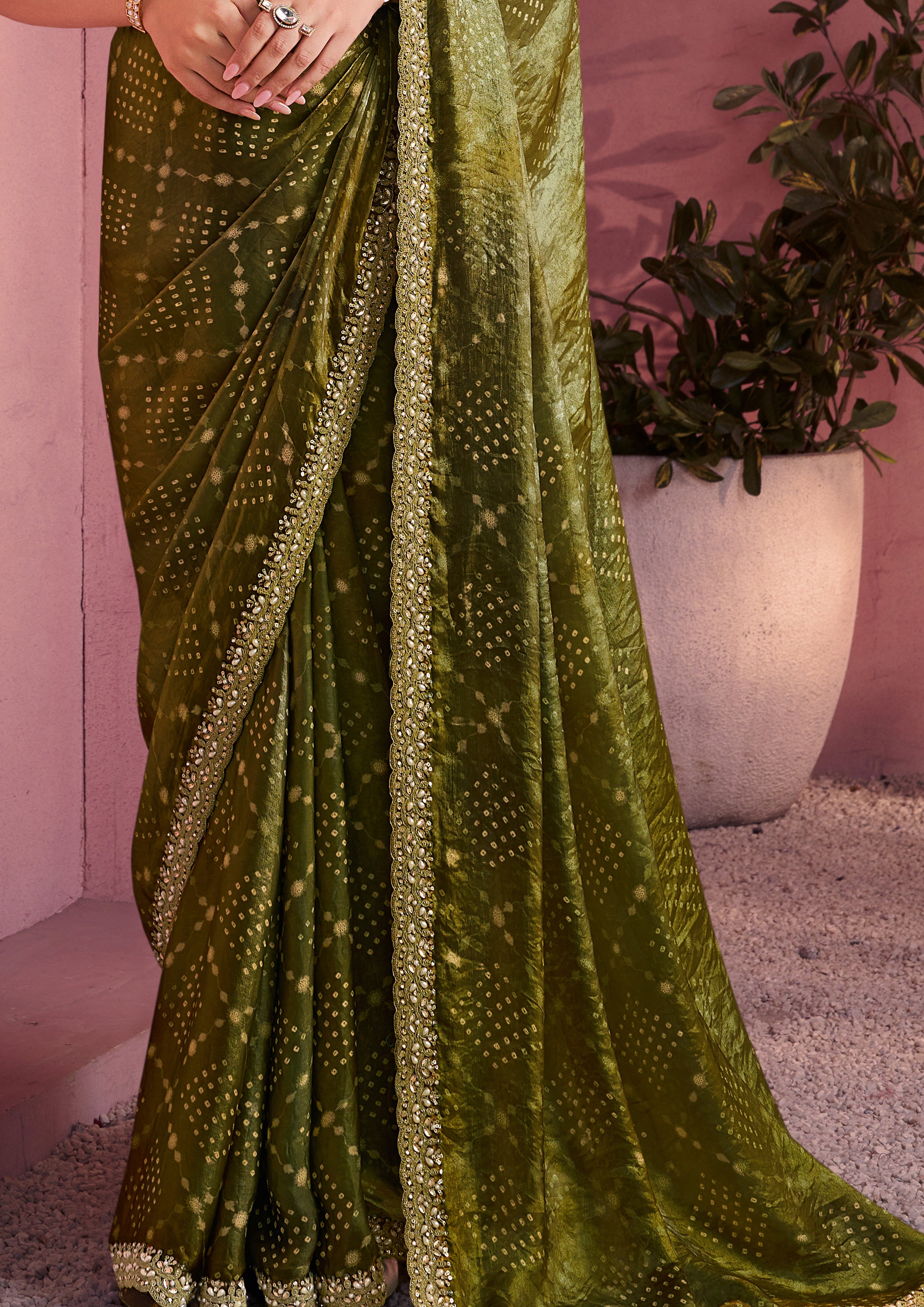 Olive Green Bandhani Printed Satin Silk Saree