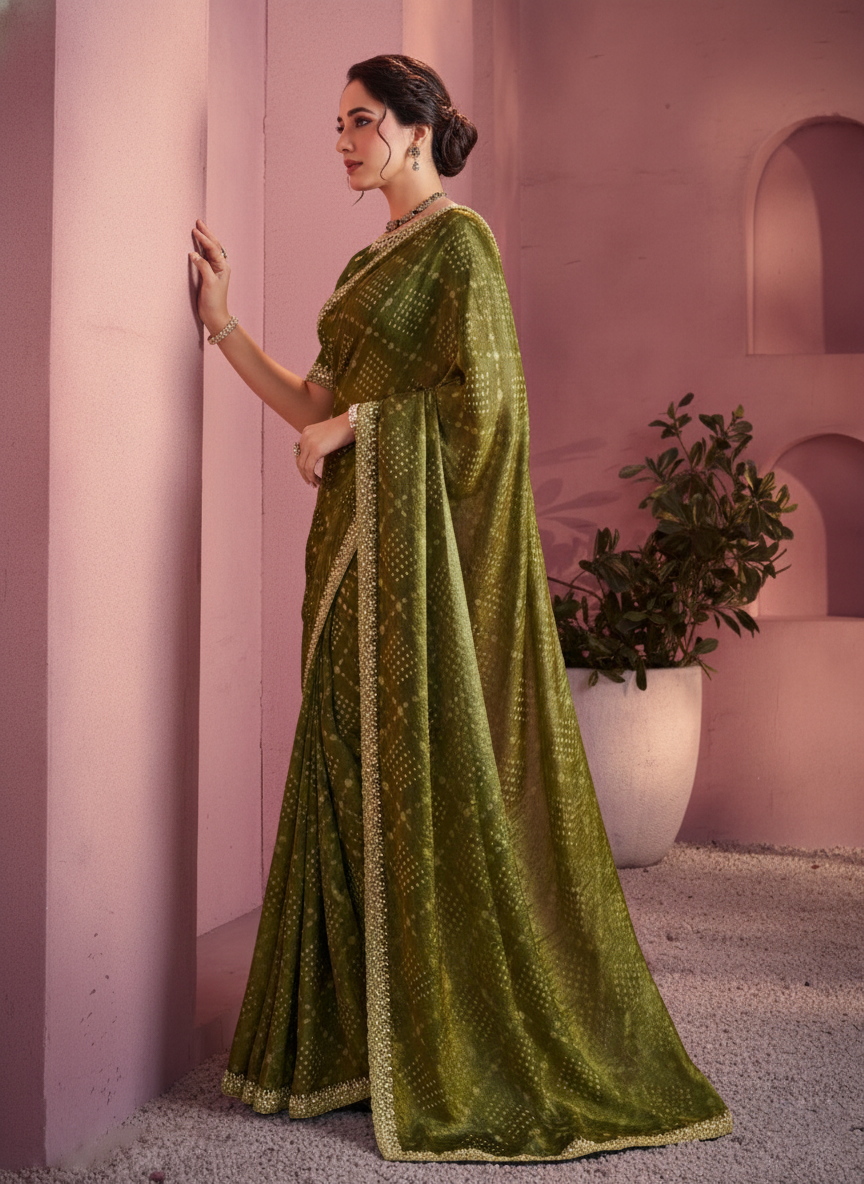Olive Green Bandhani Printed Satin Silk Saree