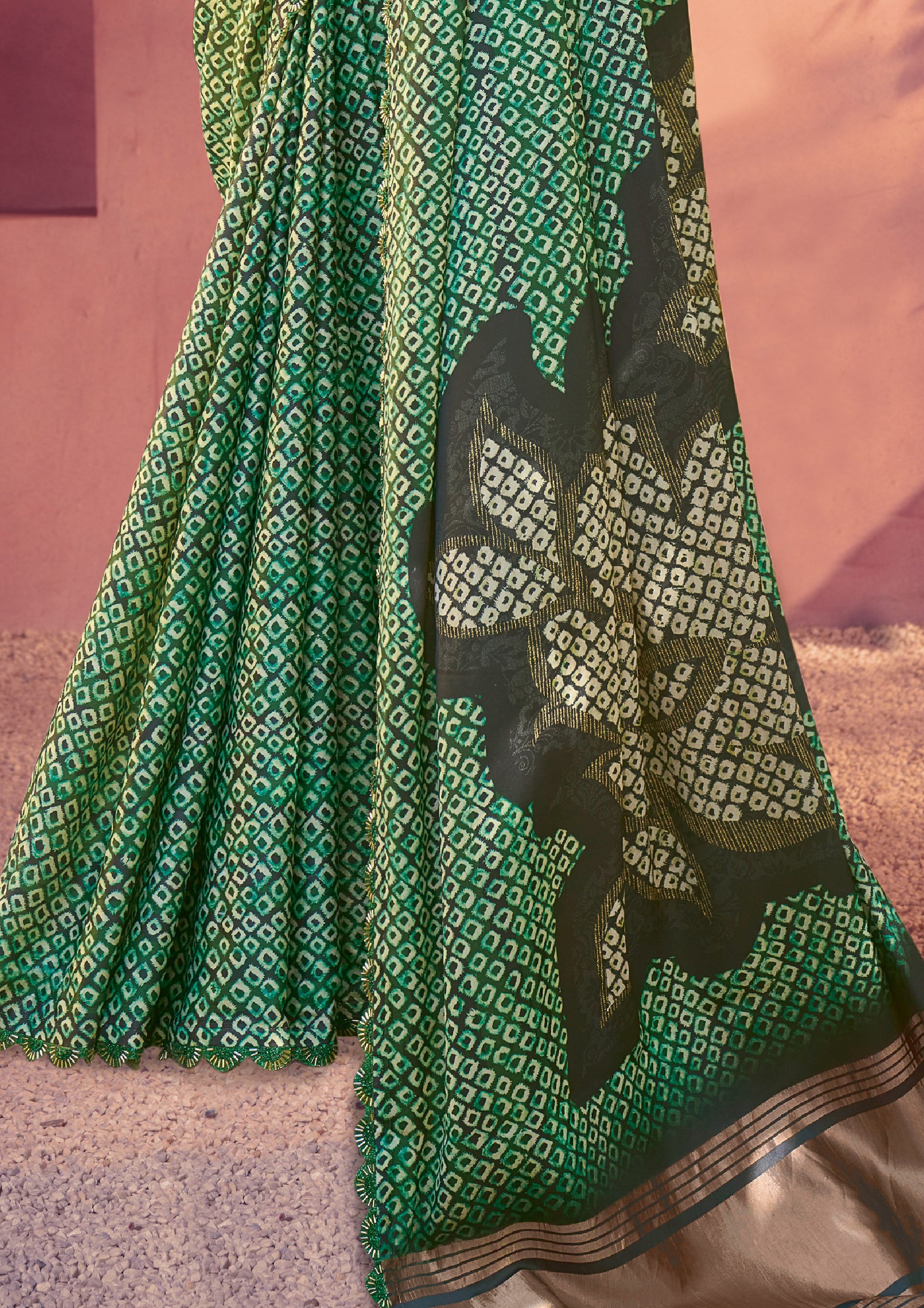 Forest Green Bandhani Printed Gajji Silk Saree