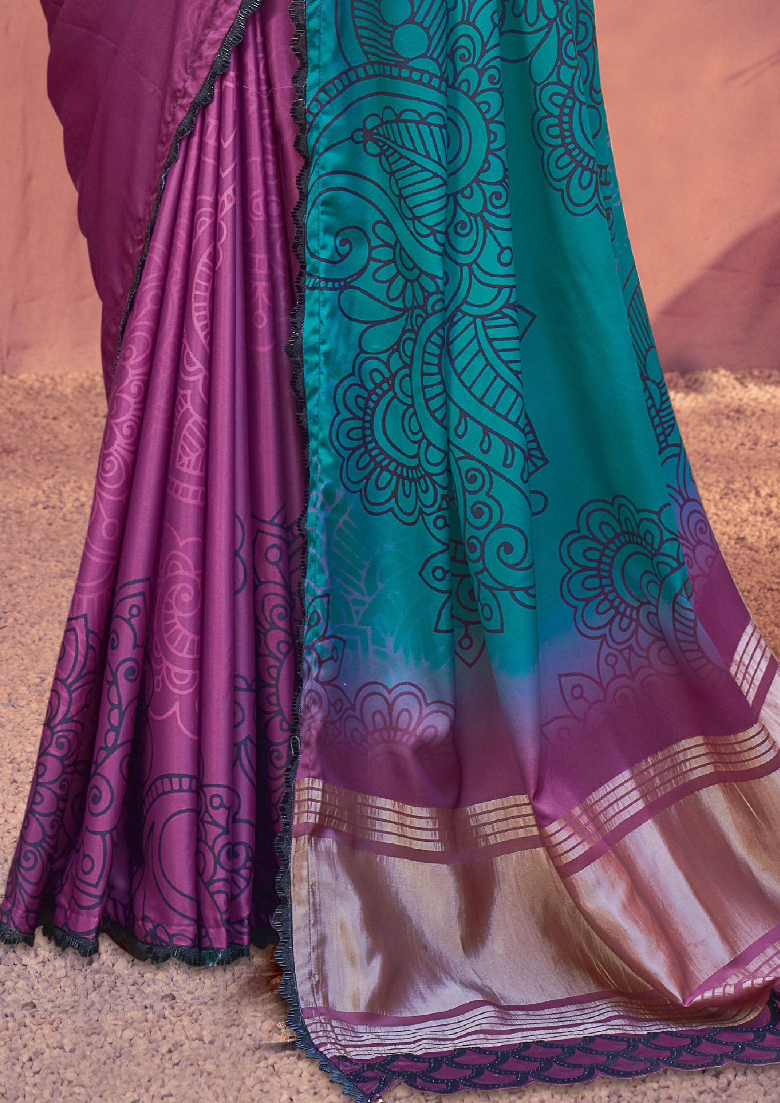 Teal Plum Printed Gajji Silk Saree