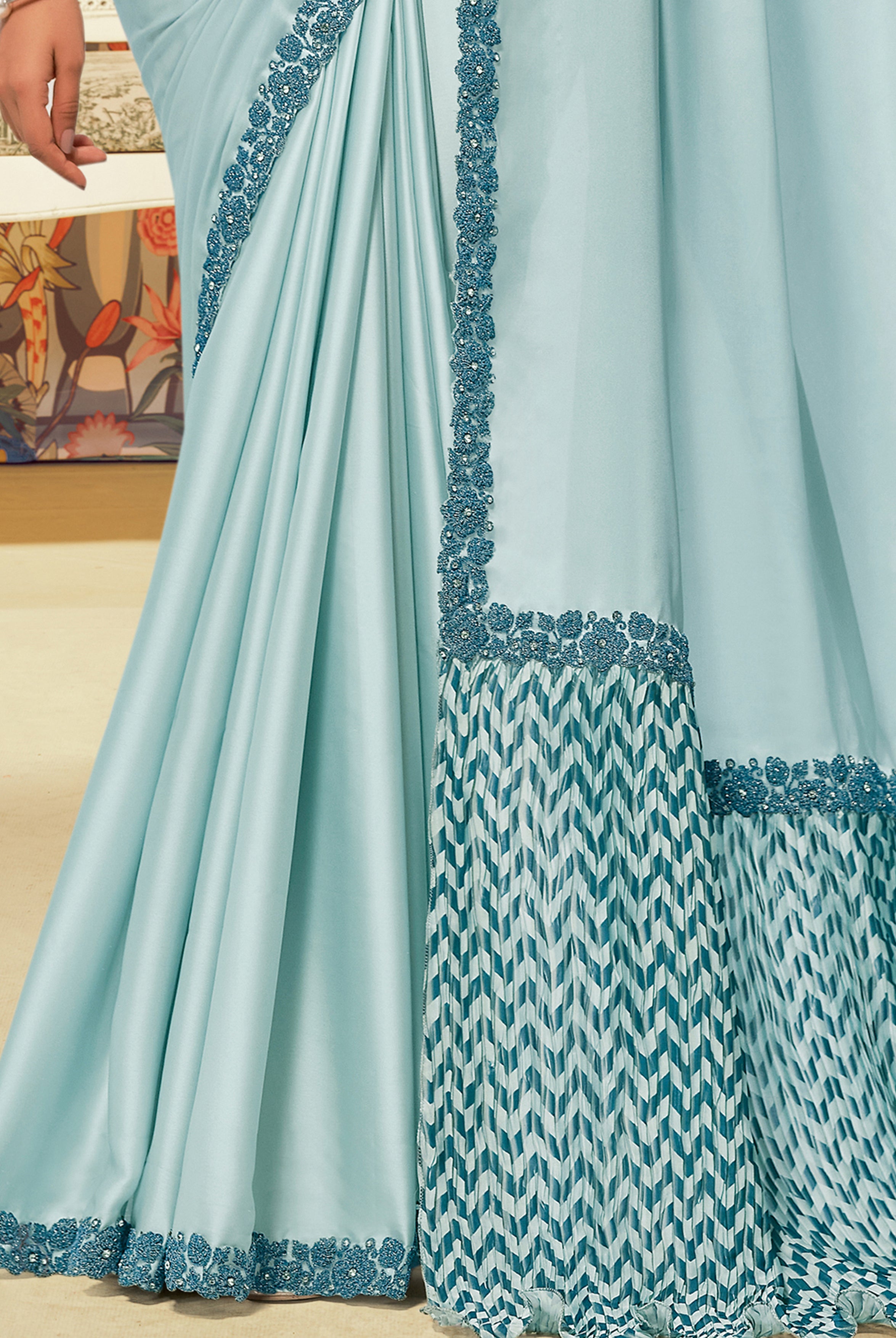 Serene Blue Embellished Satin Silk Saree