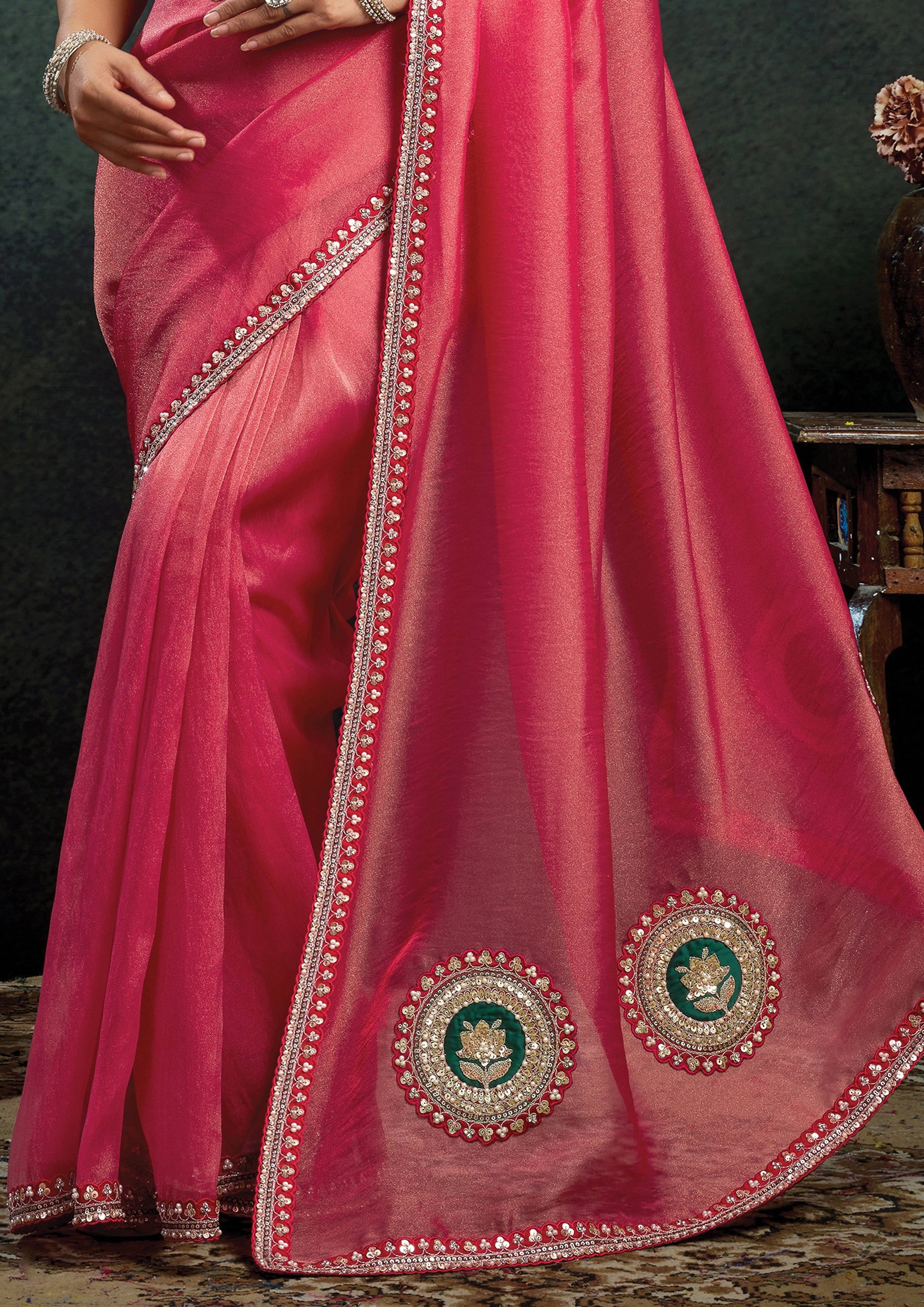 Vermilion Red Embellished Organza Silk Saree