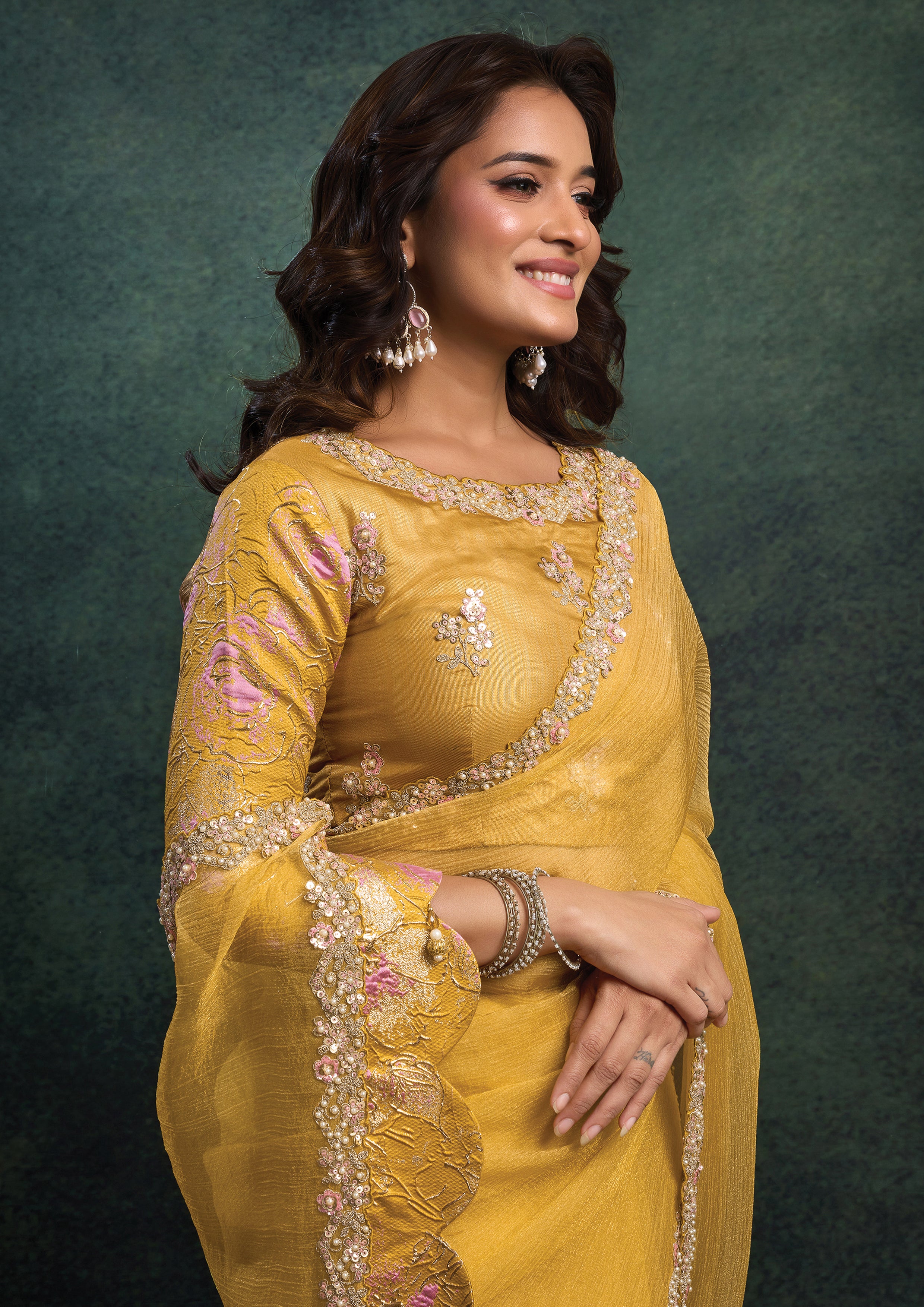 Amber Yellow Embellished Organza Silk Saree