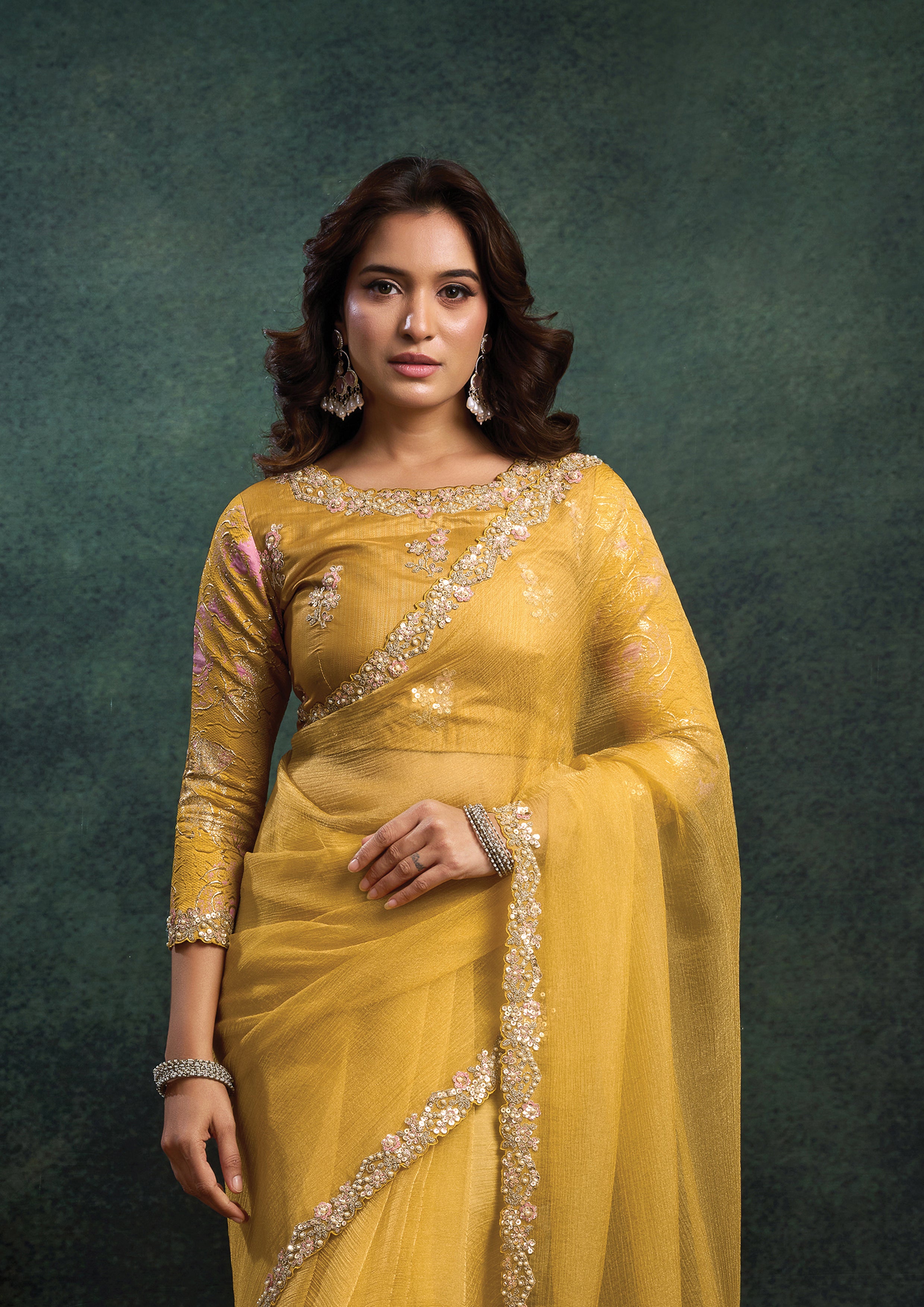 Amber Yellow Embellished Organza Silk Saree