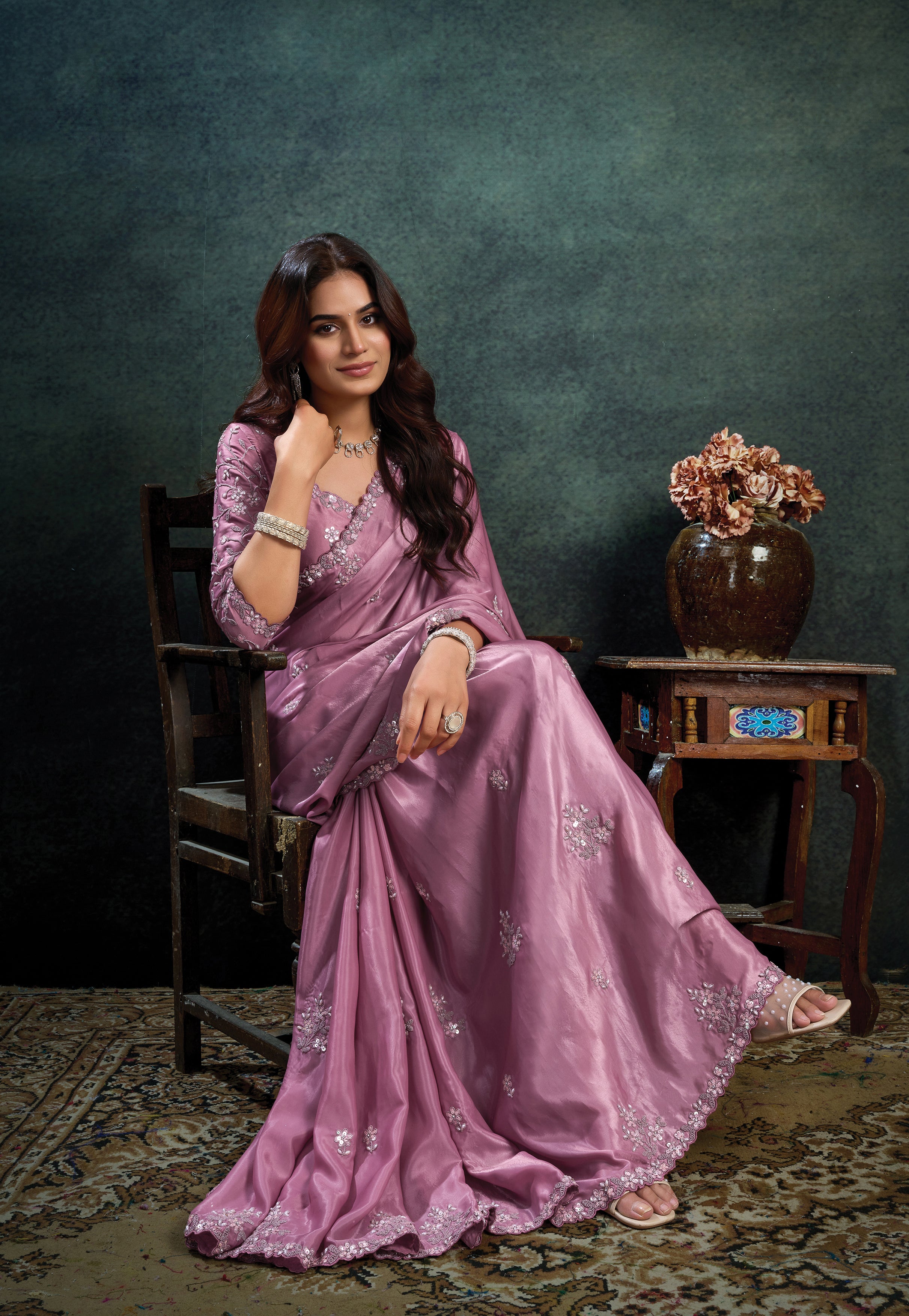 Dusty Rose Embellished Satin Silk Saree