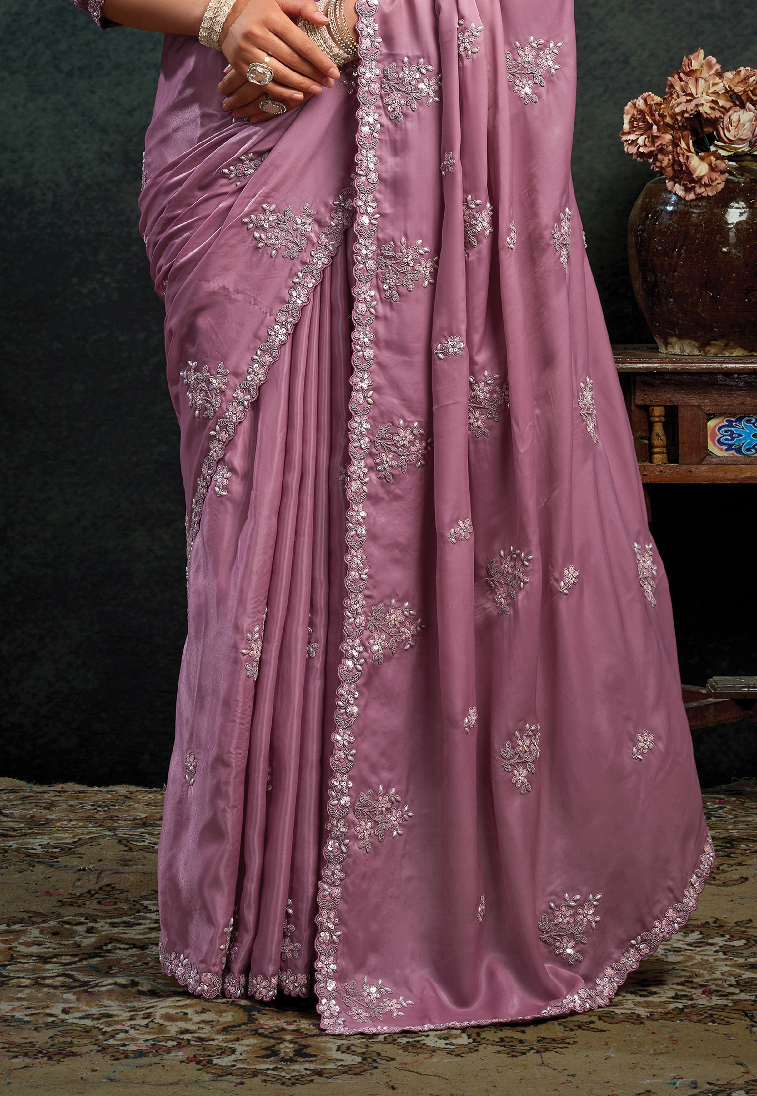 Dusty Rose Embellished Satin Silk Saree