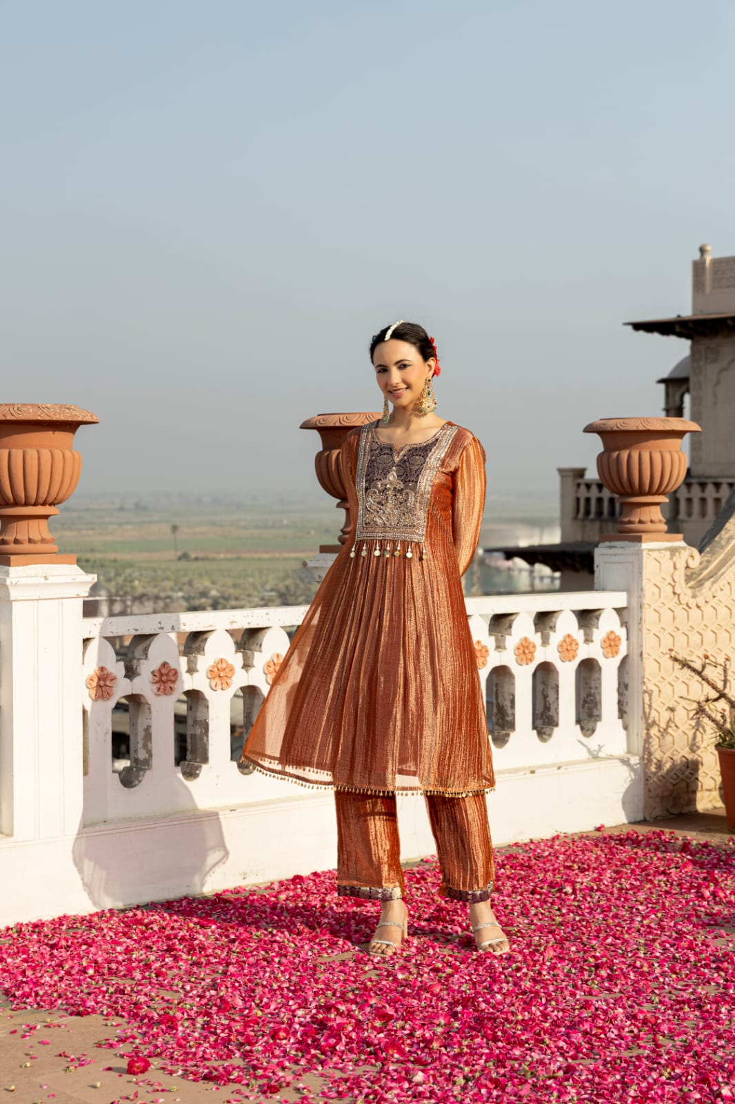 Peach Plum Embellished Shimmer Tissue Silk Pant Set