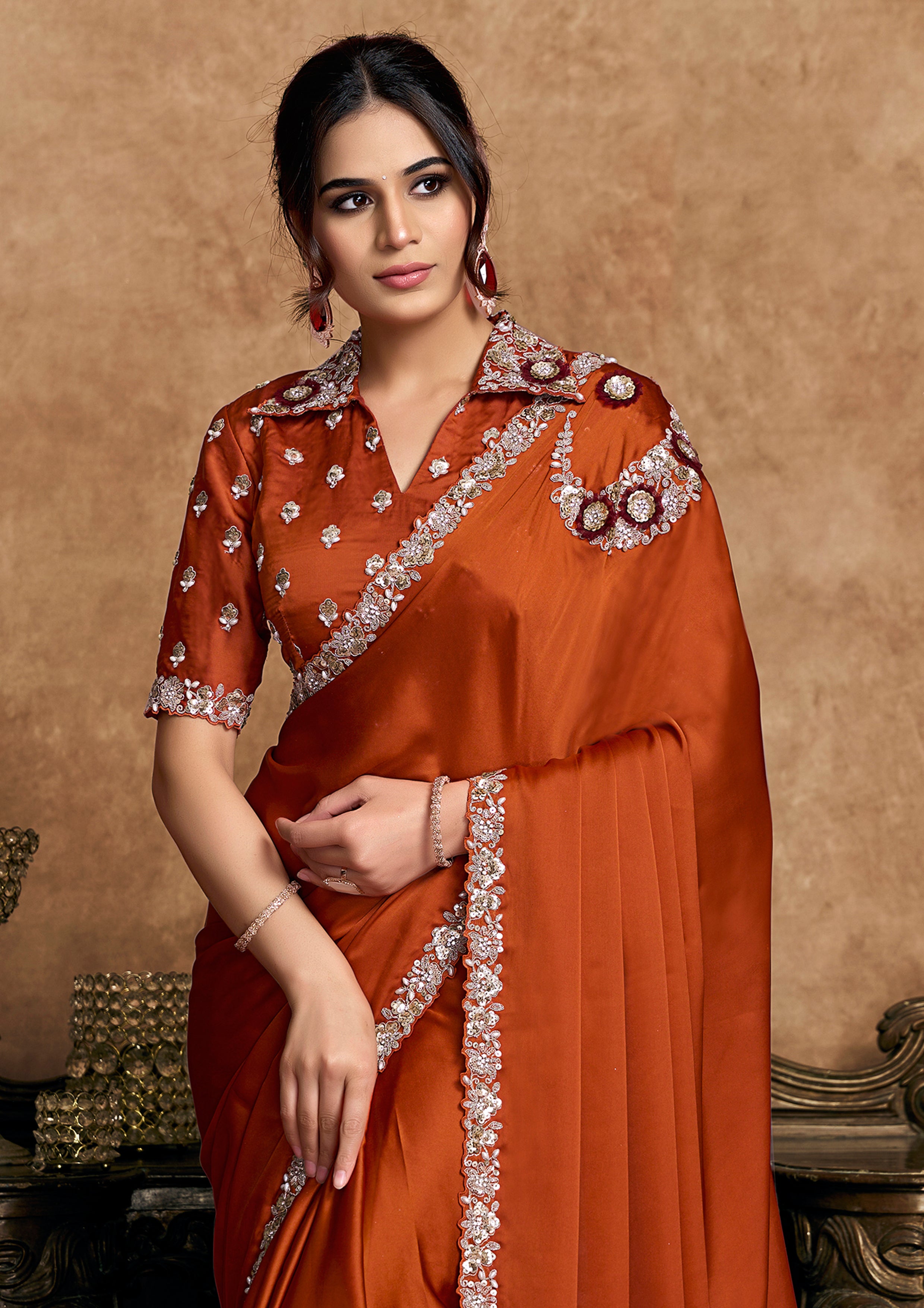 Rust Orange Embellished Satin Silk Saree