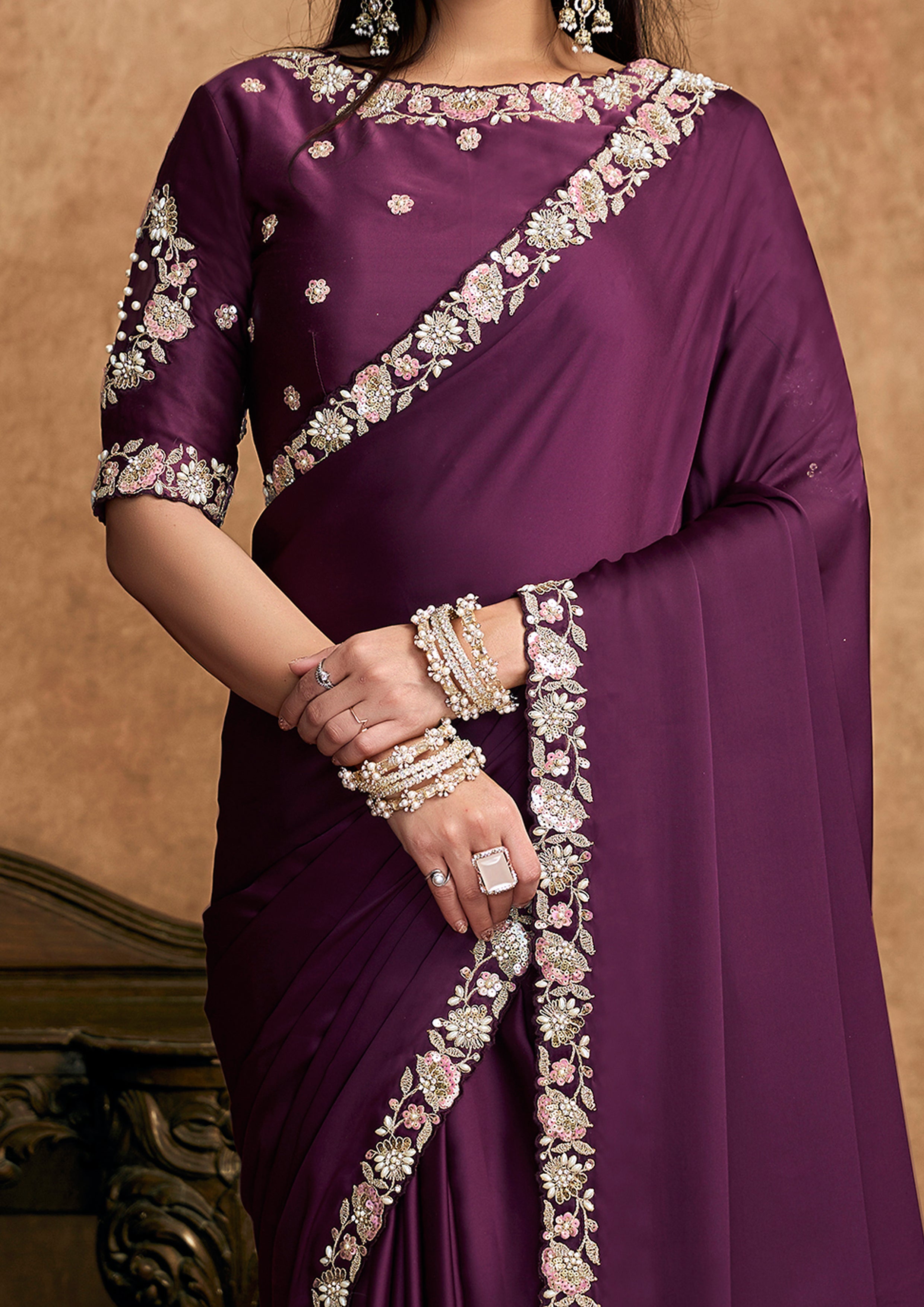 Wine Embellished Satin Silk Saree