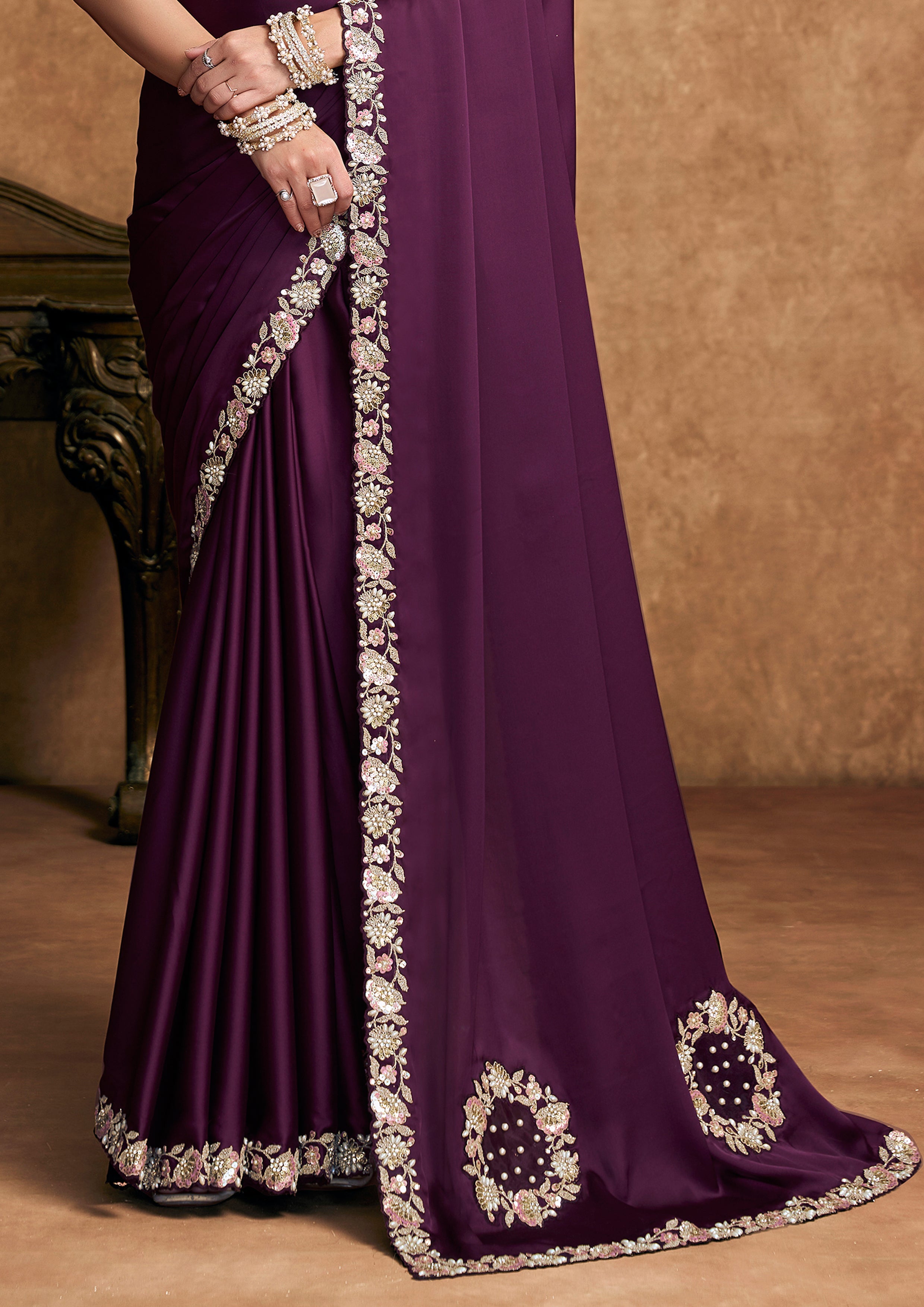 Wine Embellished Satin Silk Saree