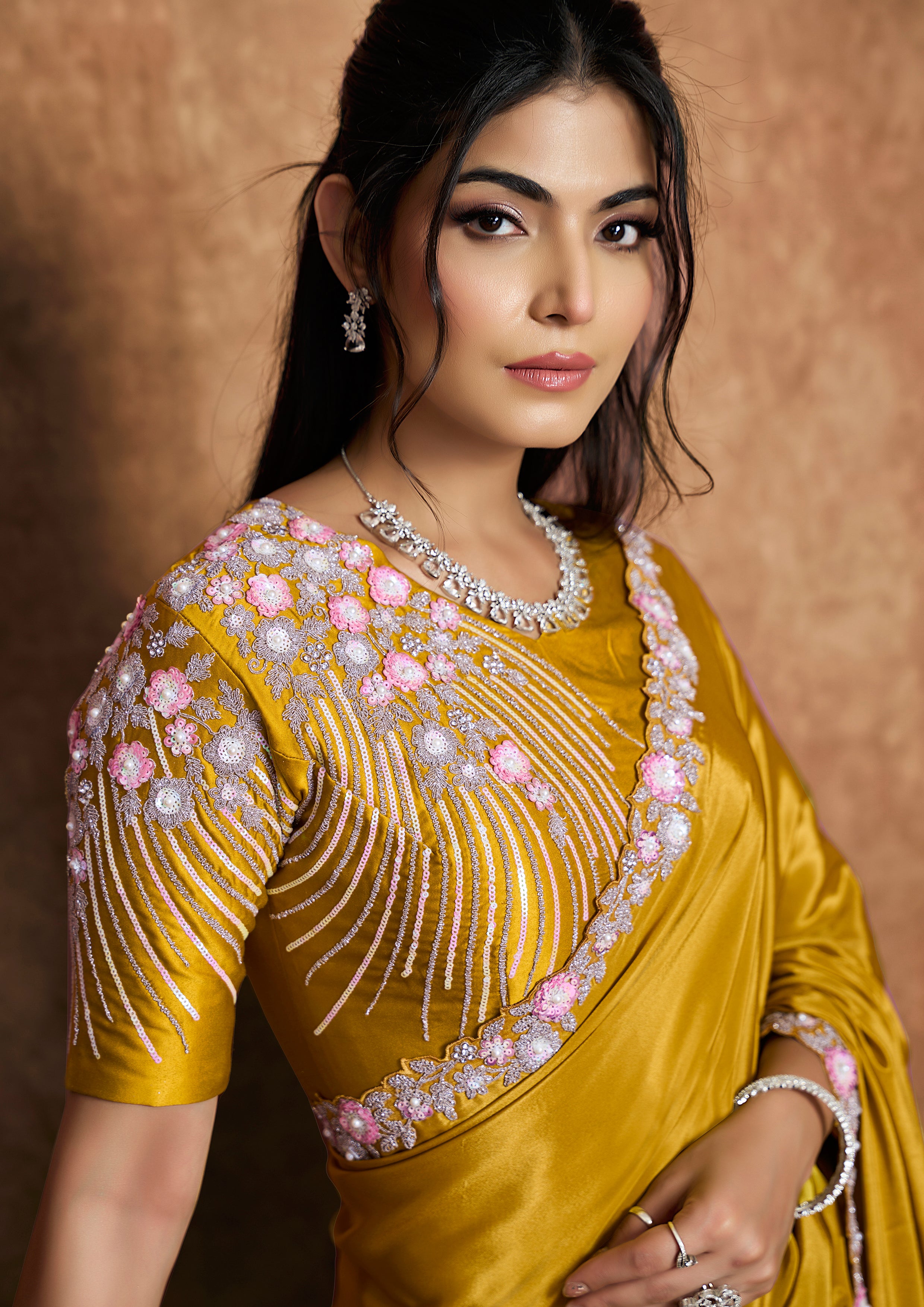 Golden Mustard Embellished Satin Silk Saree