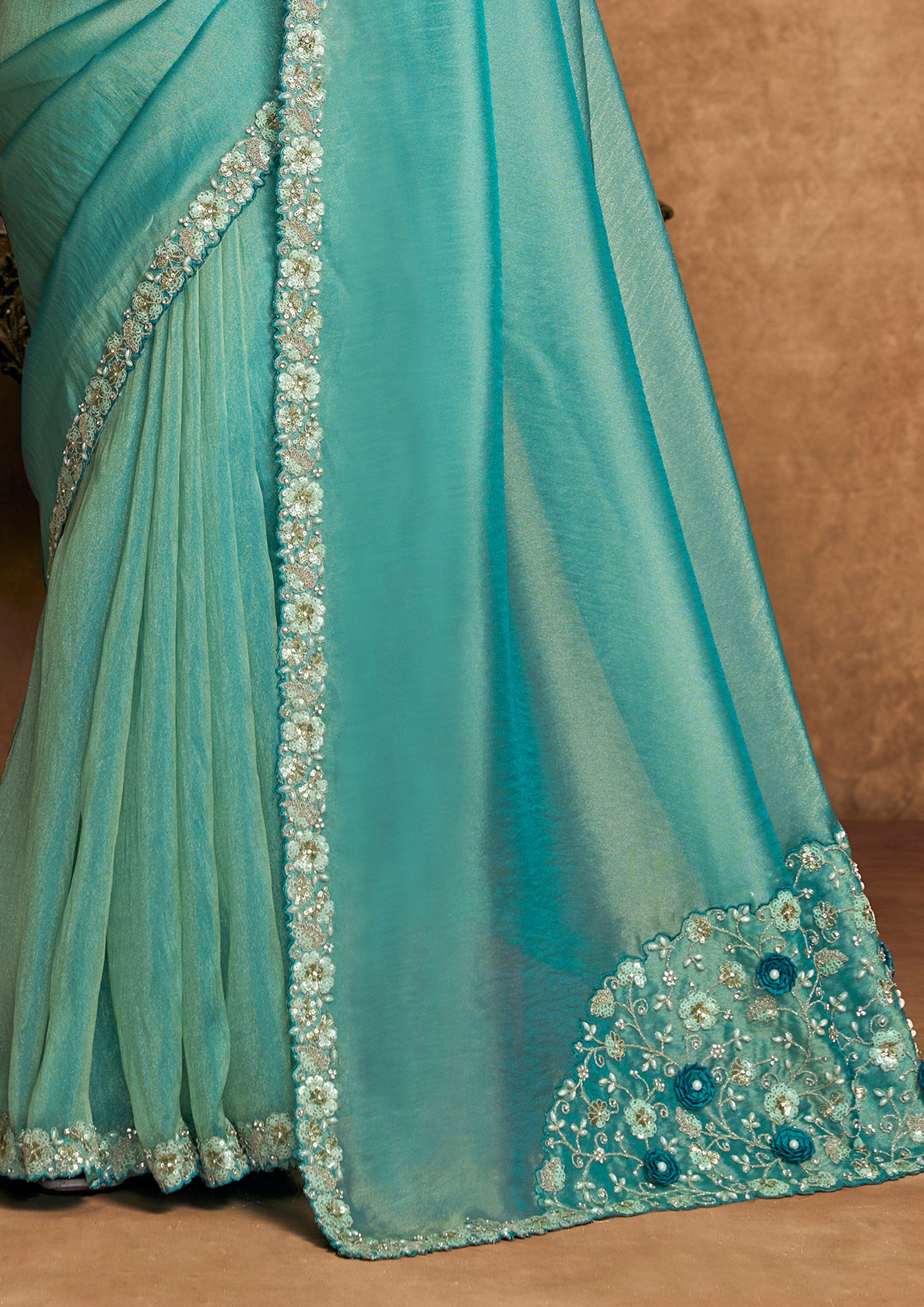 Turquoise Embellished Shimmer Organza Silk Saree